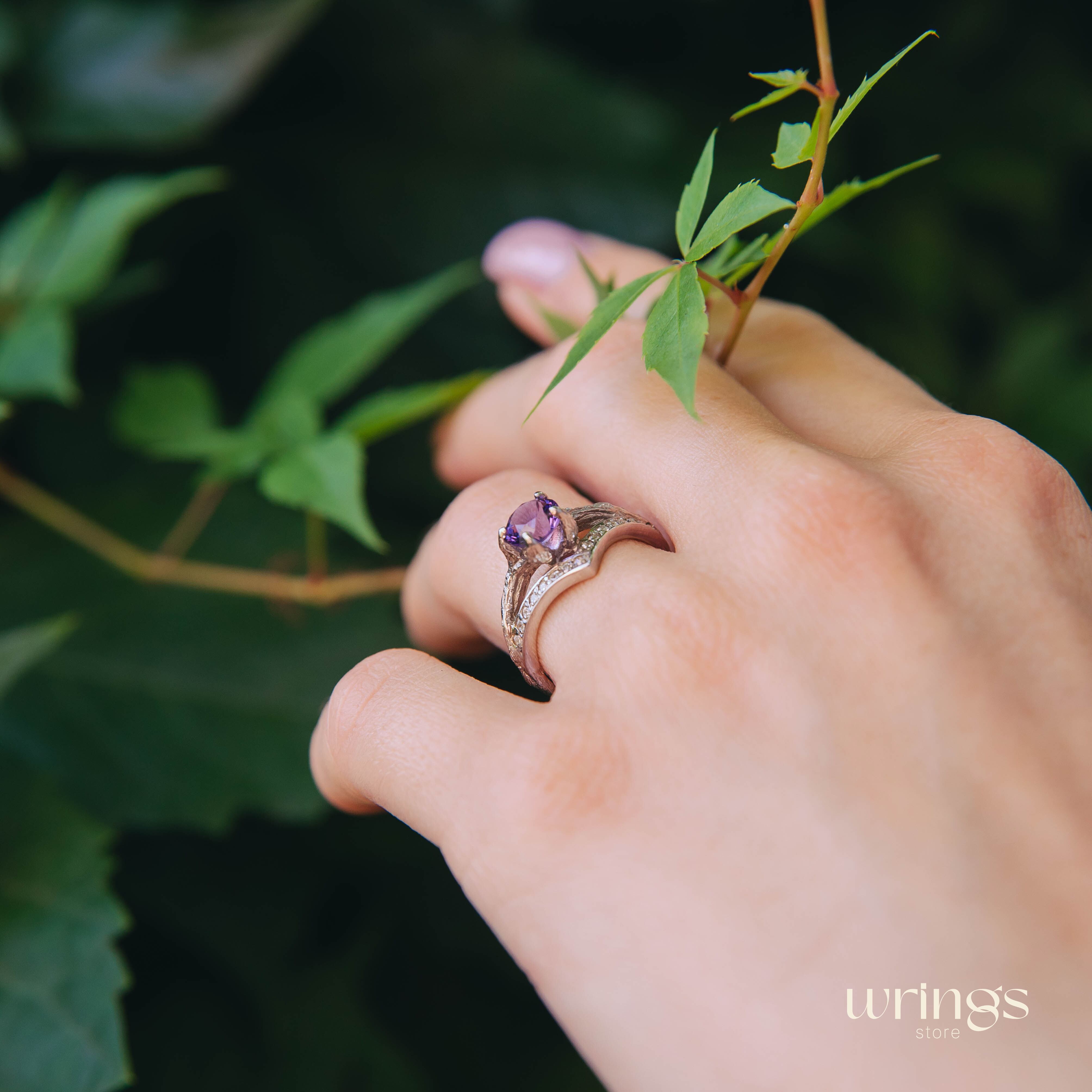 Amethyst & CZ Silver Branch Chevron Engagement Ring