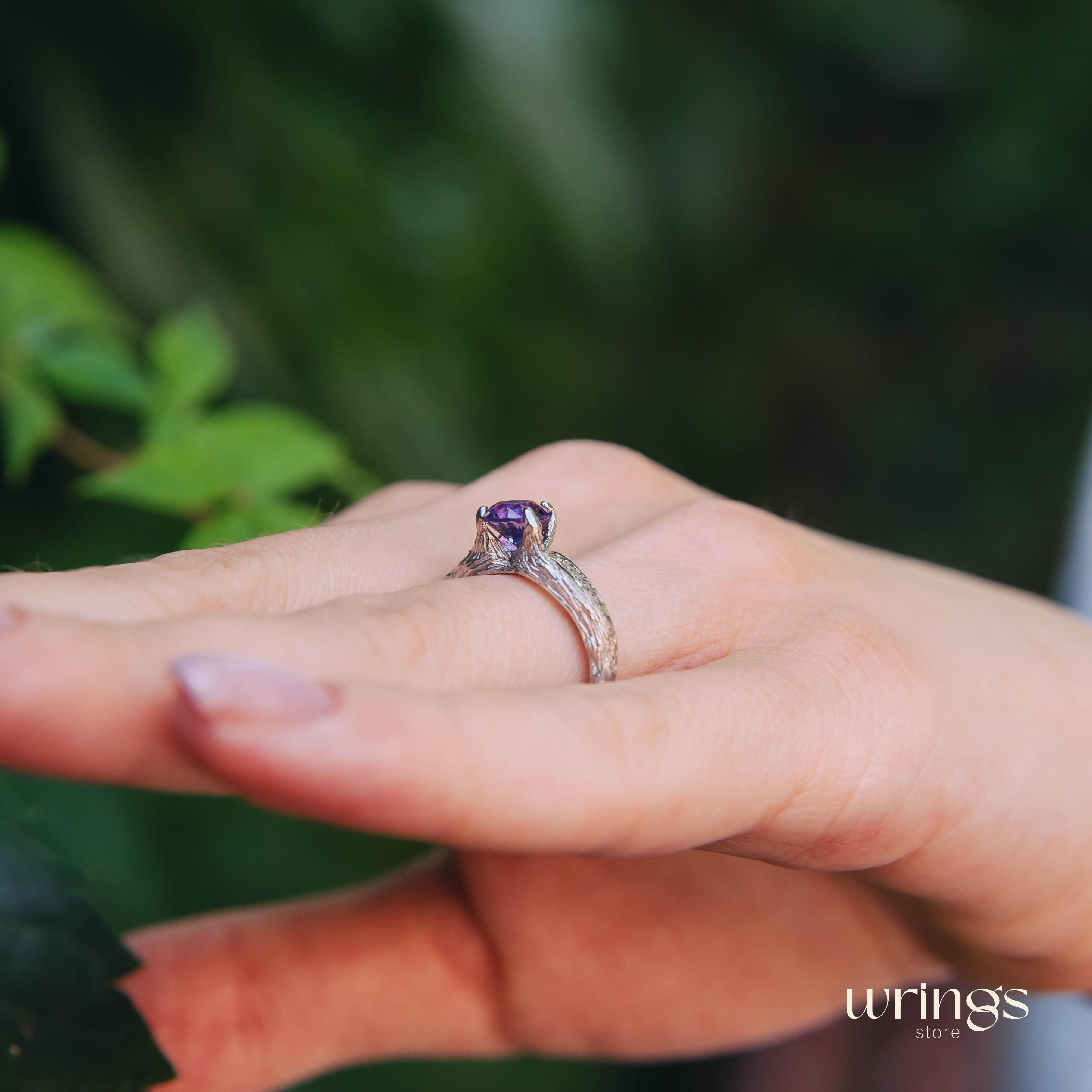 Amethyst & CZ Silver Branch Chevron Engagement Ring