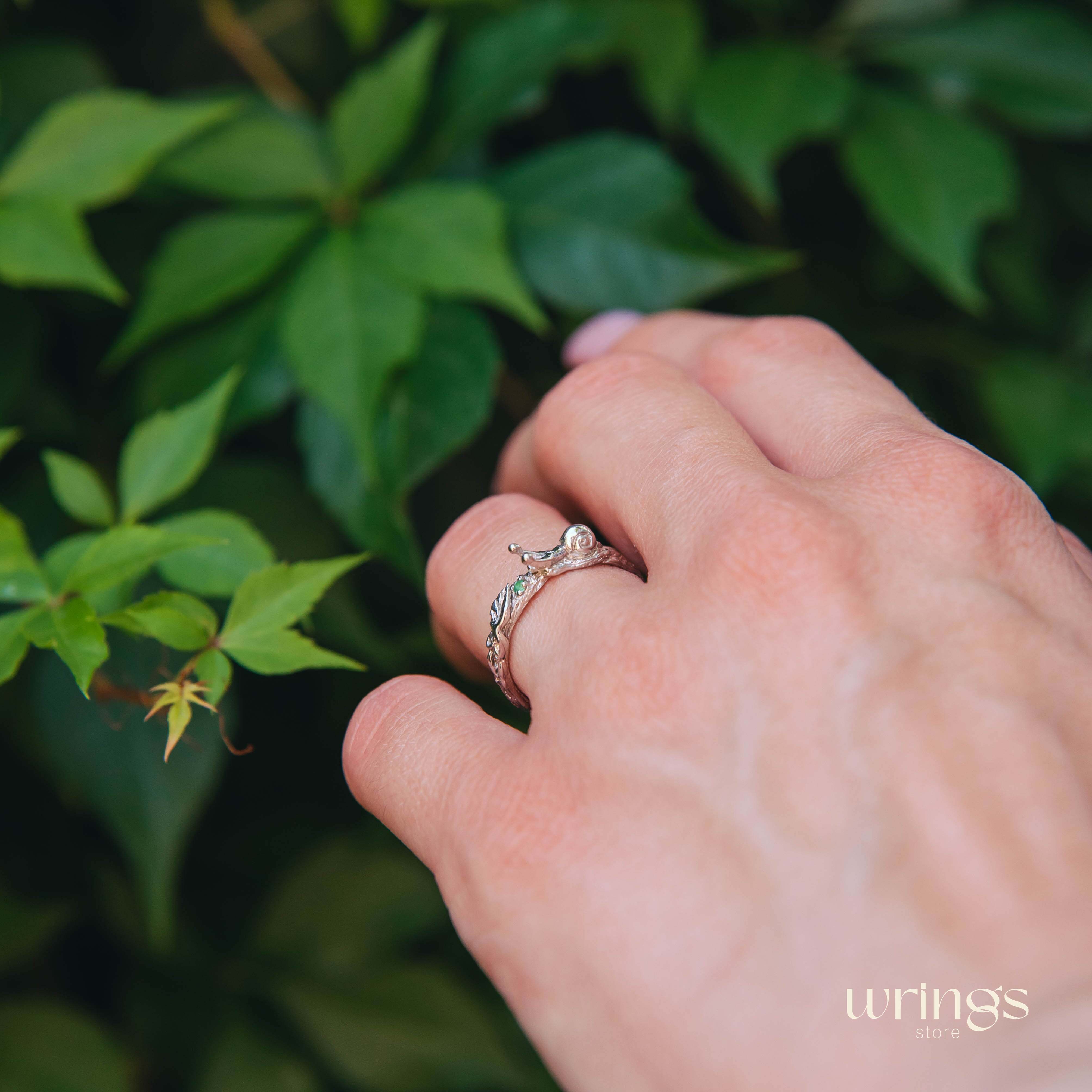 Genuine Emerald and Snail Silver Nature Engagement Ring