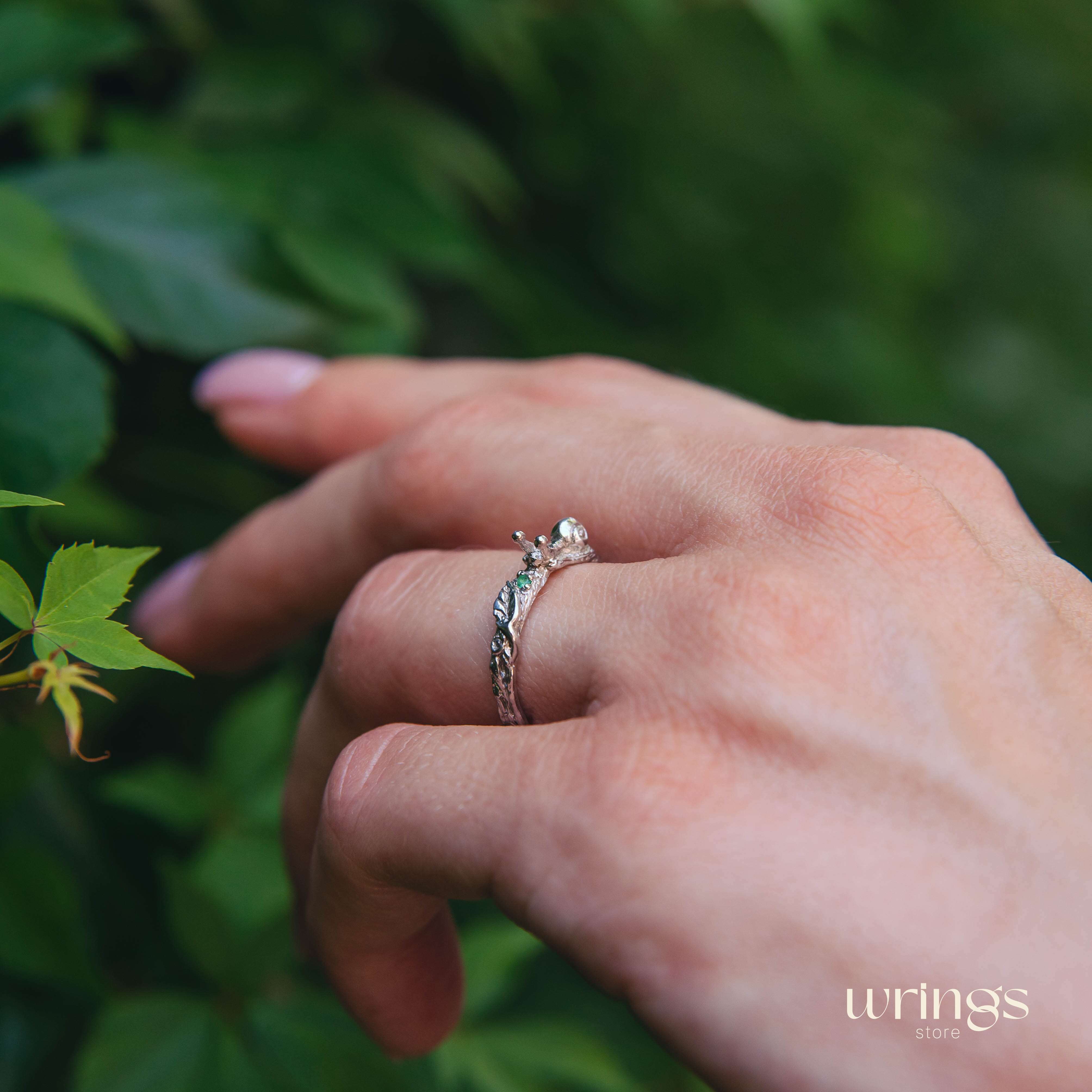 Genuine Emerald and Snail Silver Nature Engagement Ring