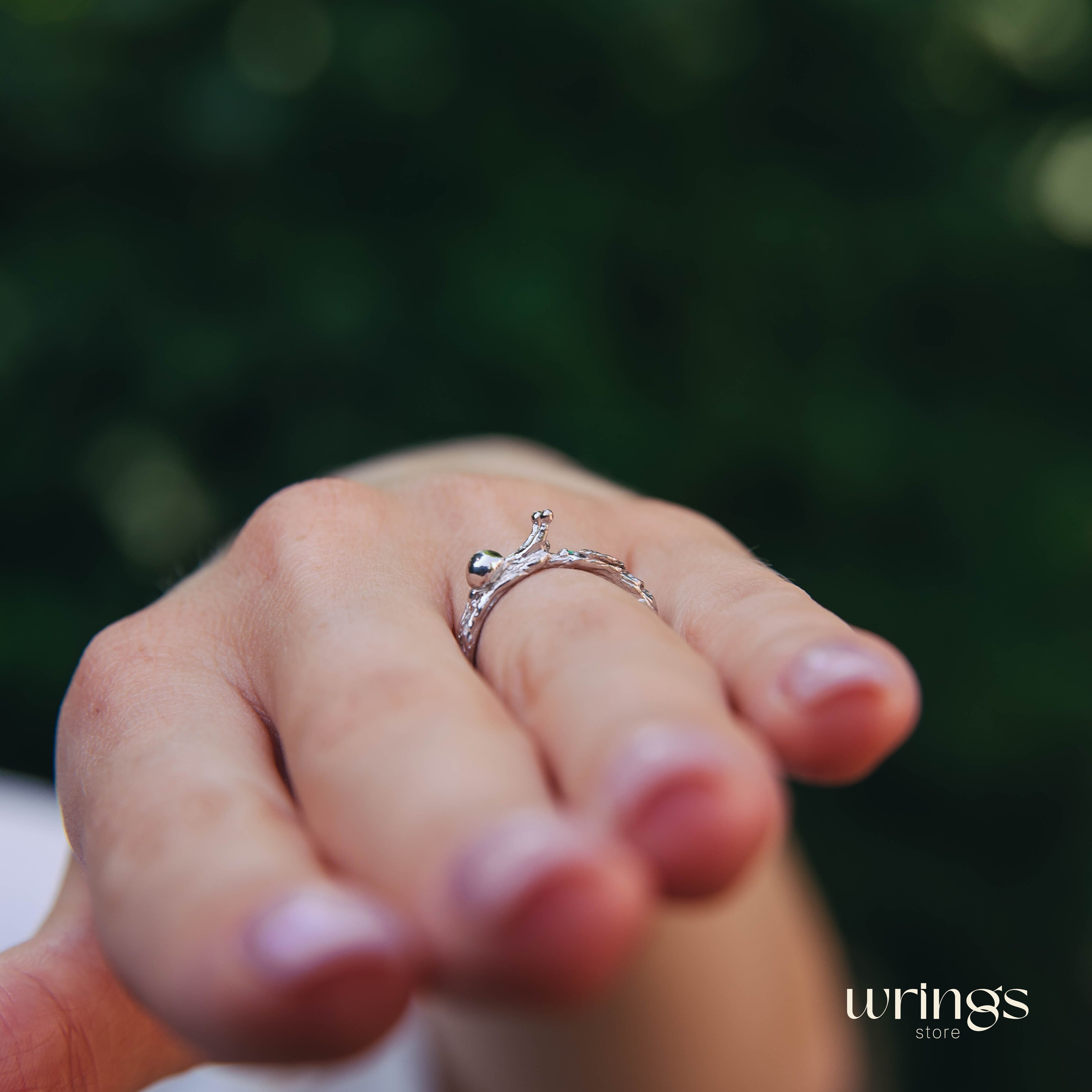 Genuine Emerald and Snail Silver Nature Engagement Ring