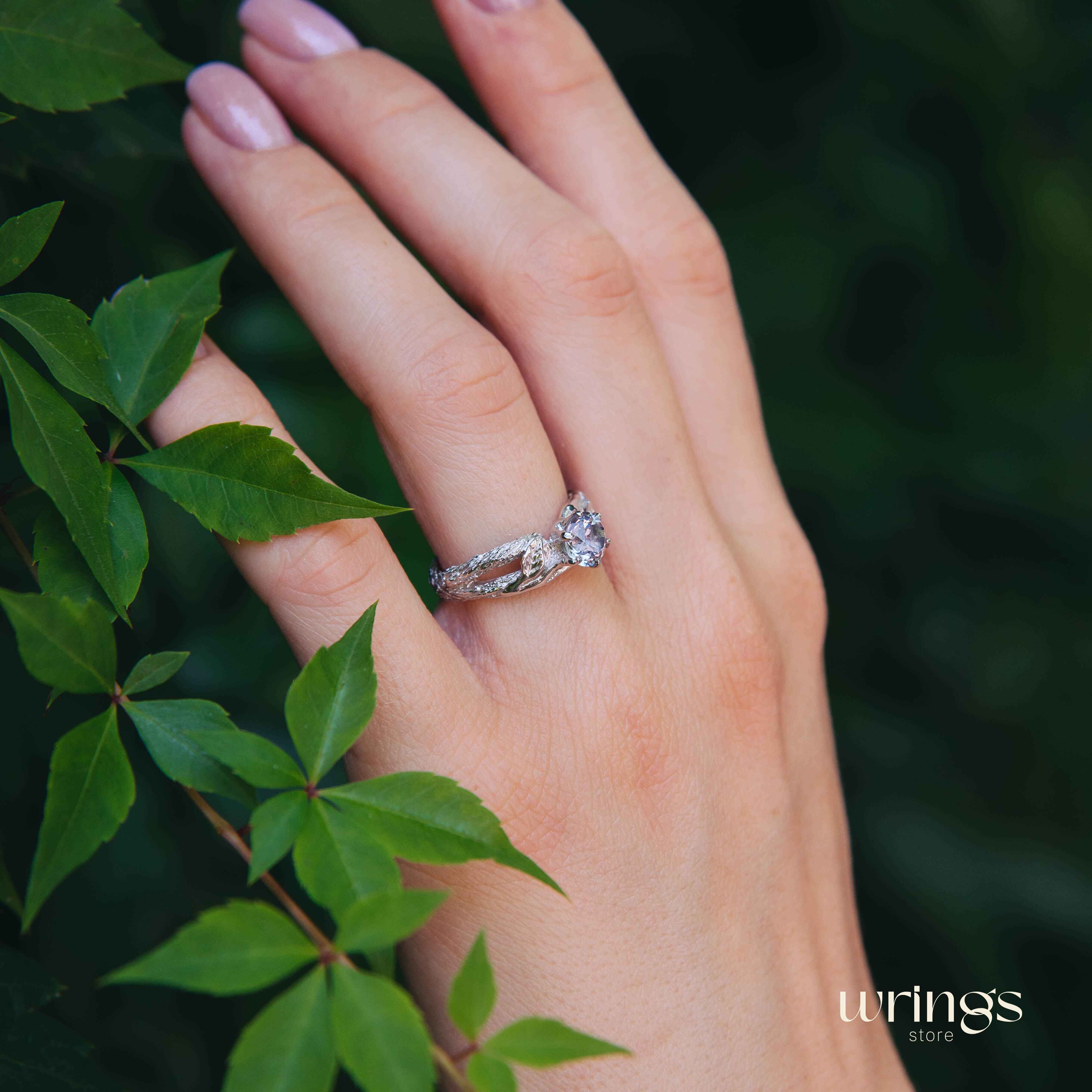 Purple Alexandrite on Silver Twig & Leaf Engagement Ring