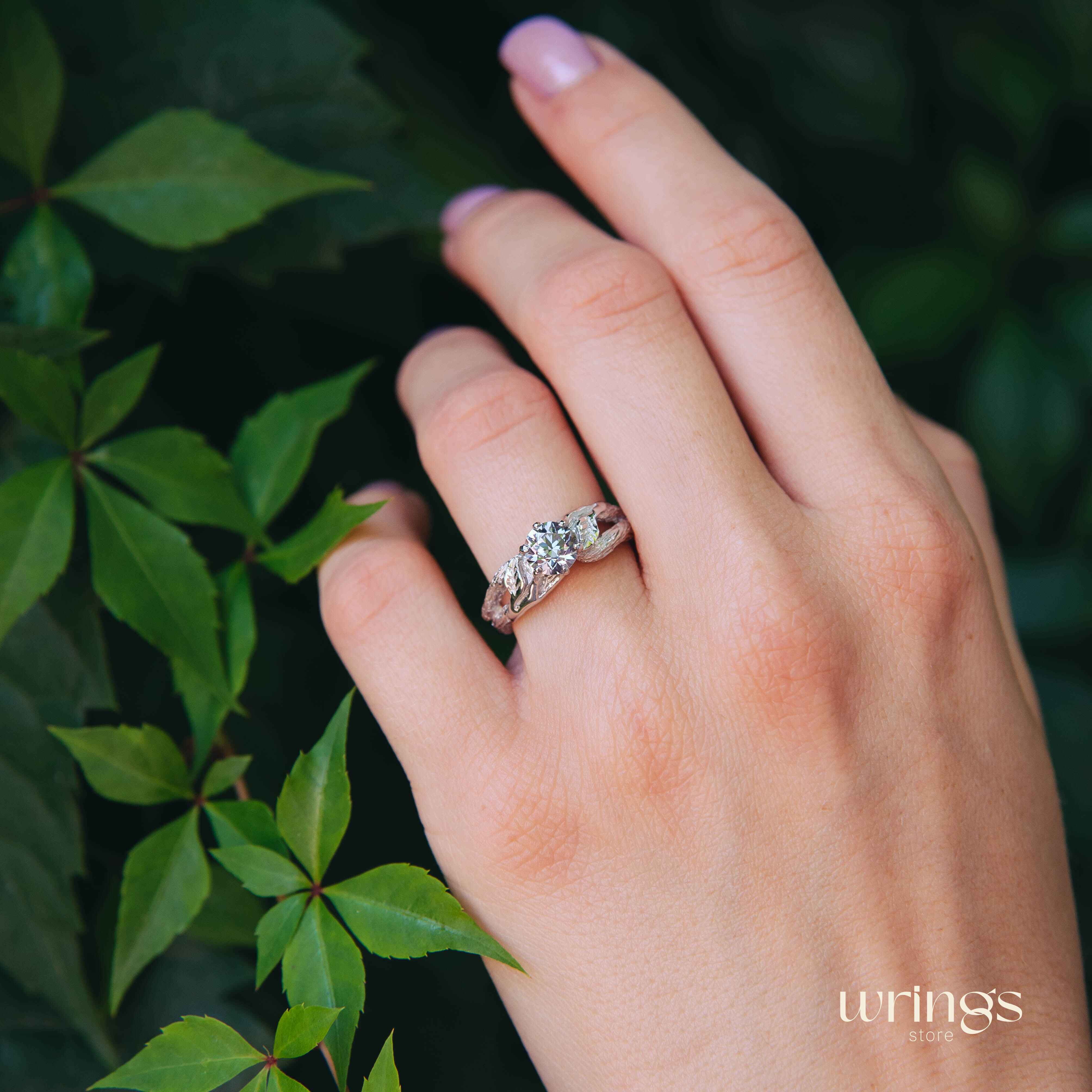 Purple Alexandrite on Silver Twig & Leaf Engagement Ring