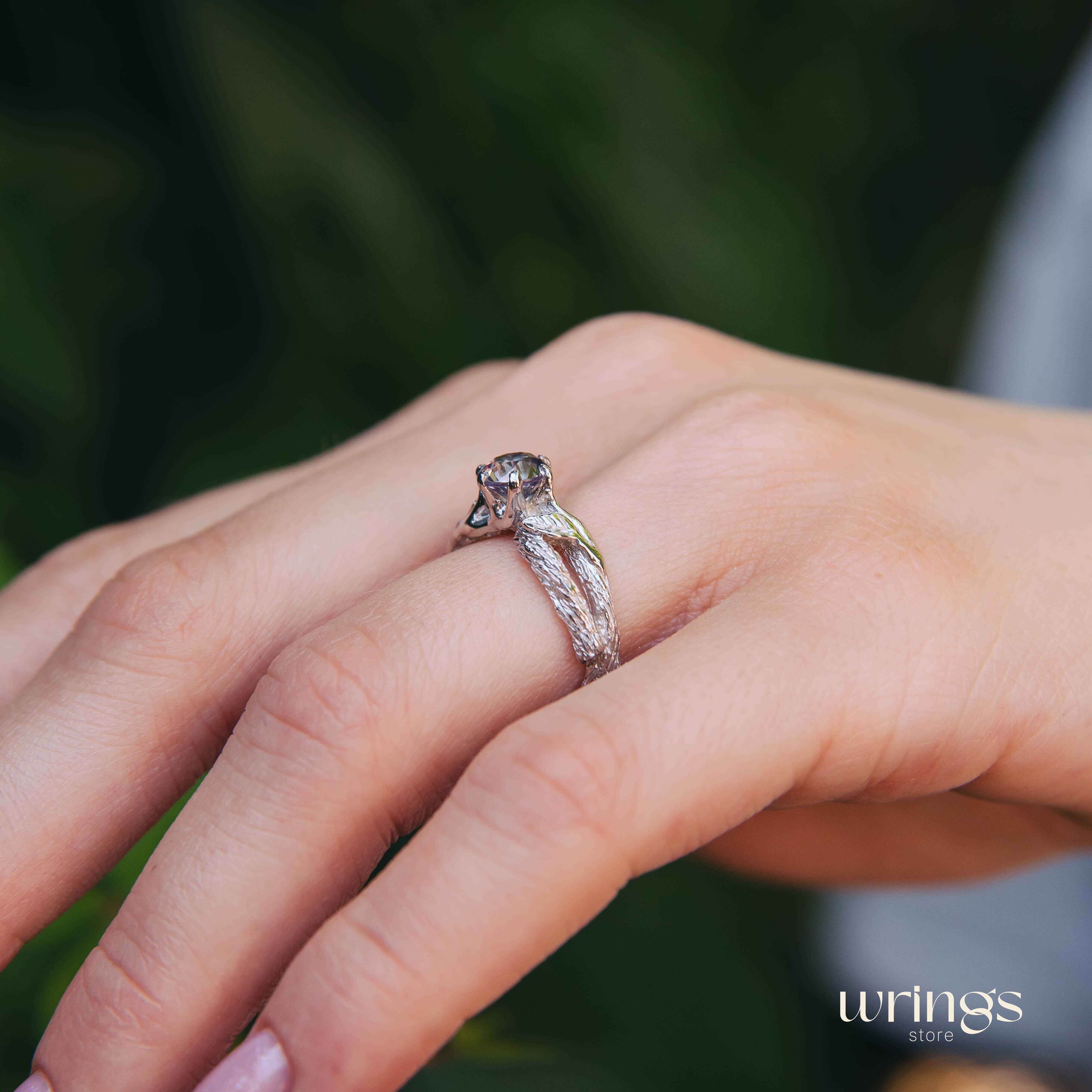 Purple Alexandrite on Silver Twig & Leaf Engagement Ring