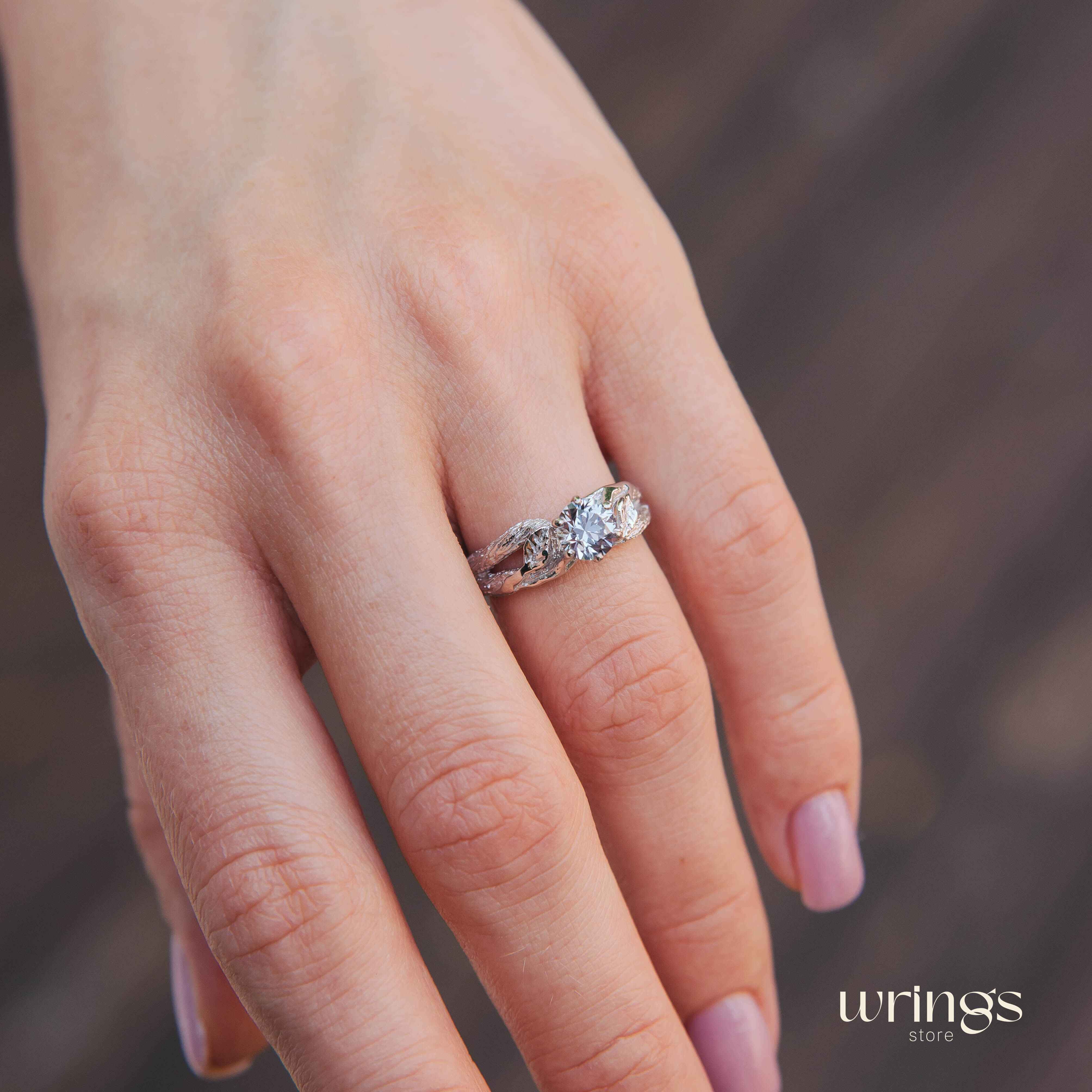 Purple Alexandrite on Silver Twig & Leaf Engagement Ring