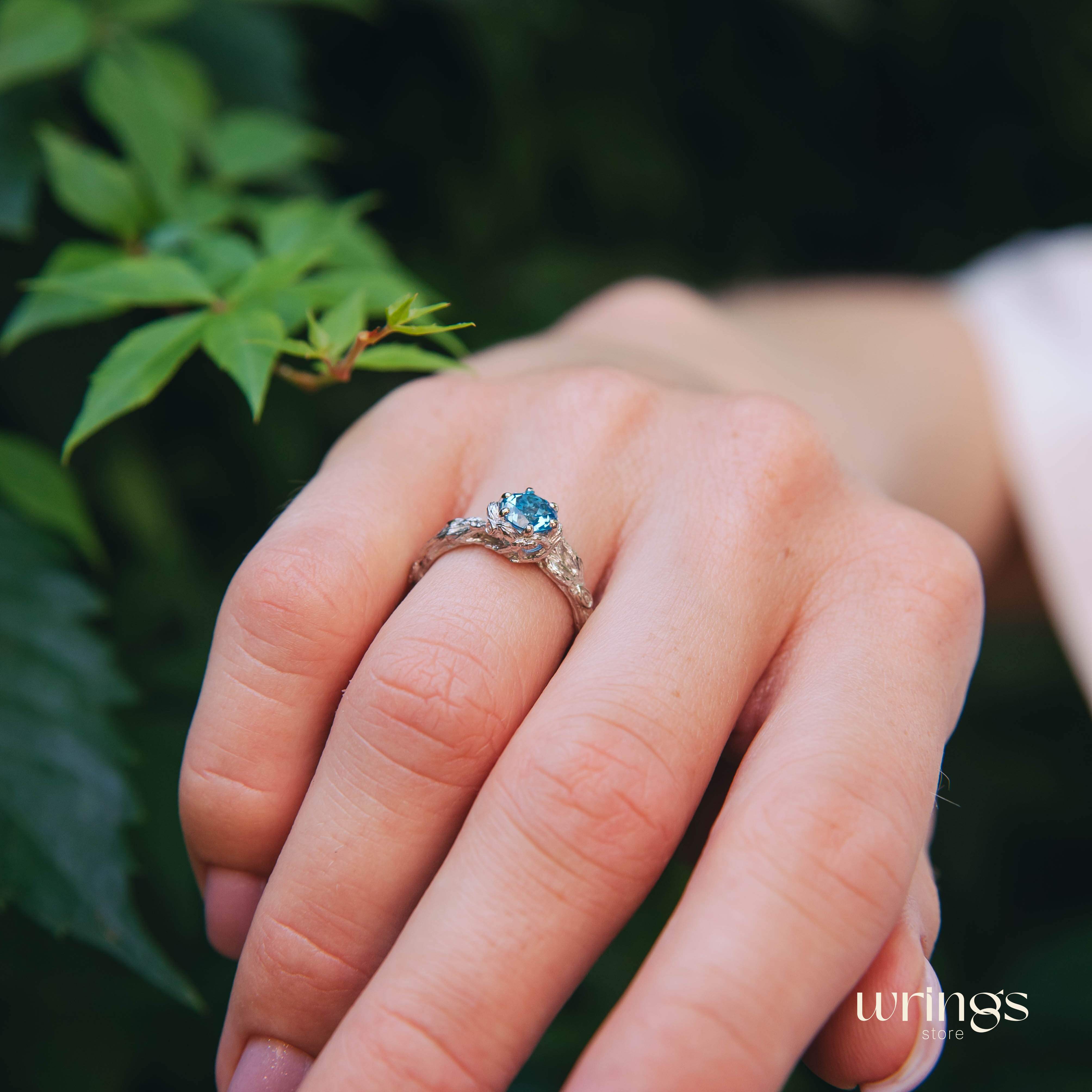 Blue Topaz & Shiny Silver Twig Fantasy Engagement Ring