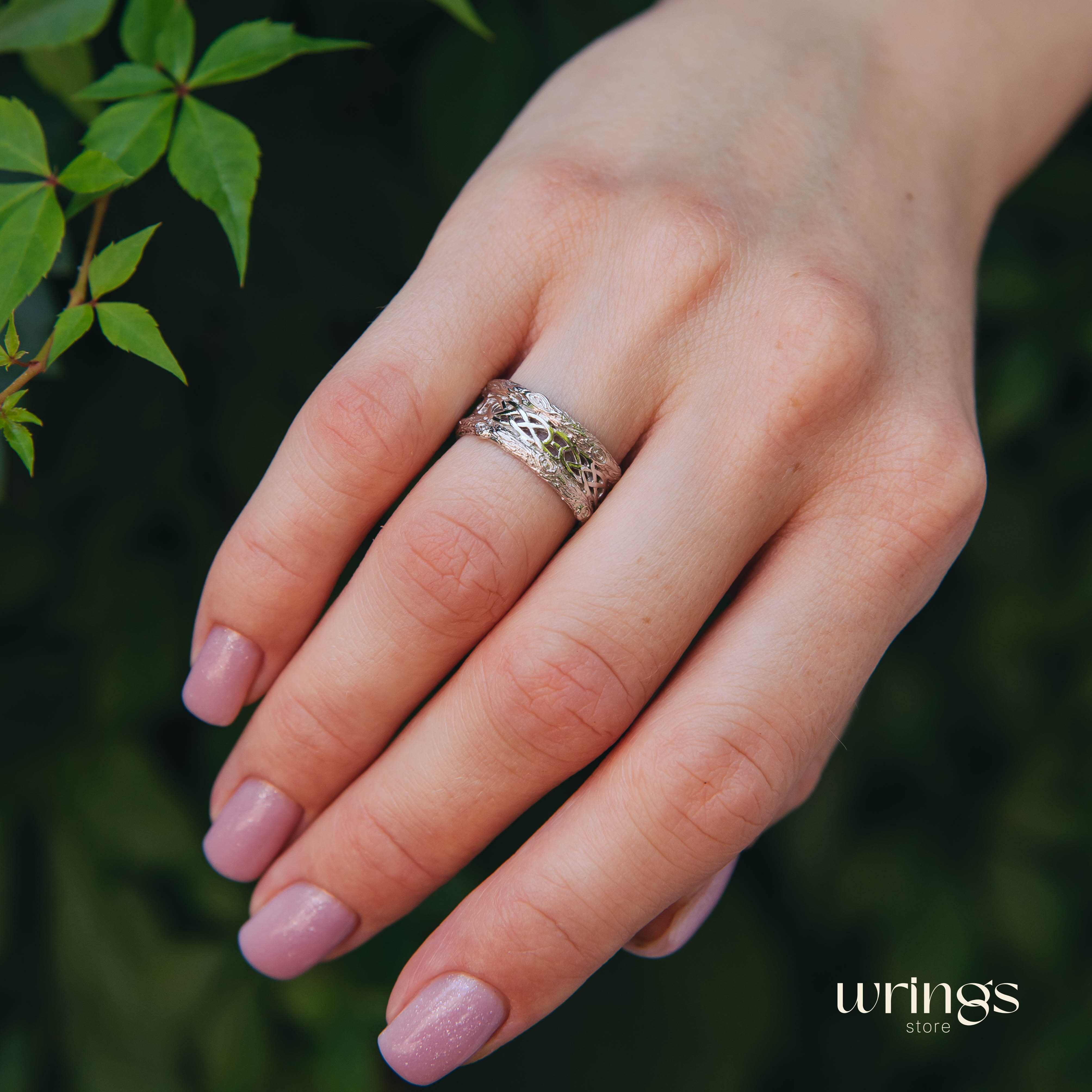 Unique Shiny Silver Celtic Style Tree Bark Band Ring