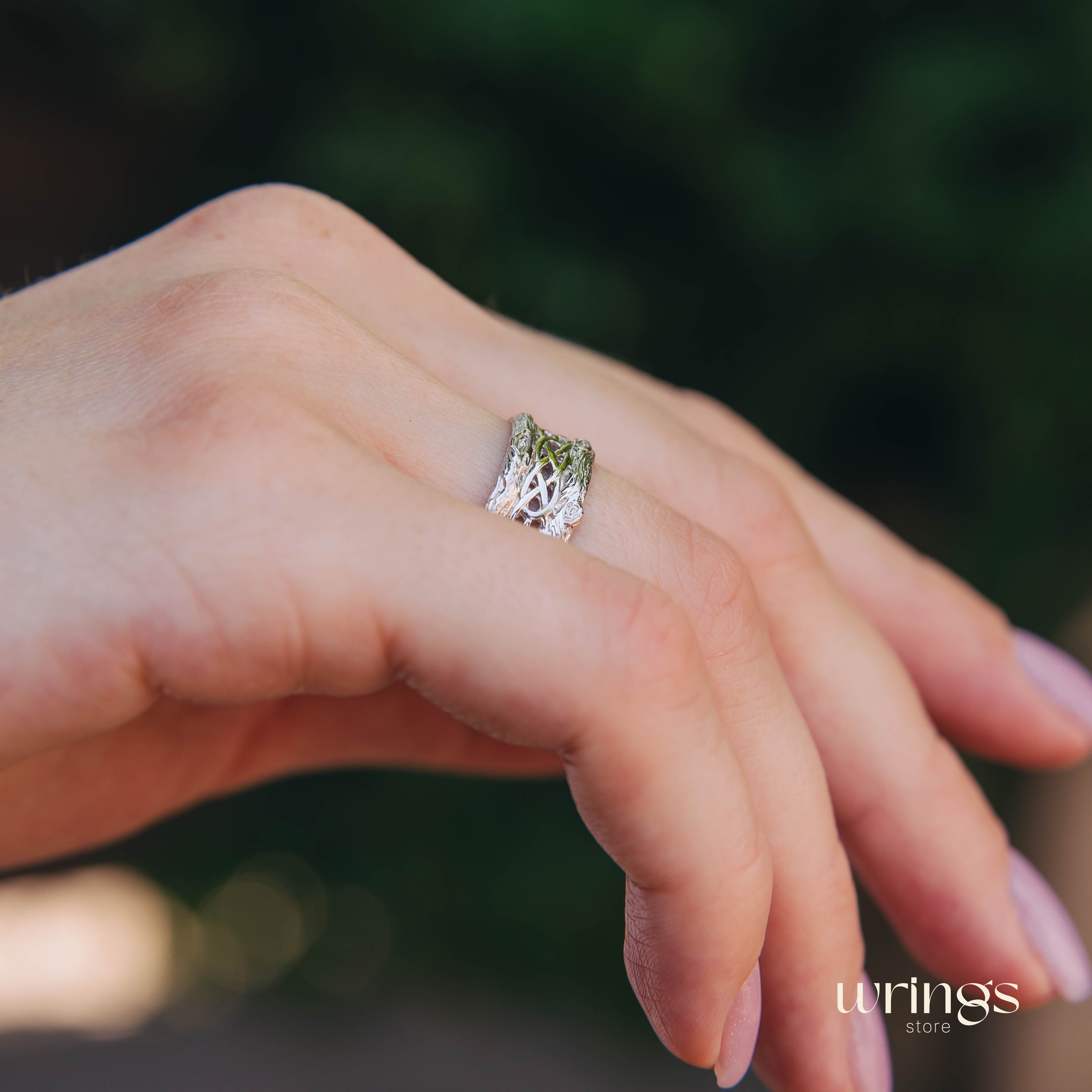 Unique Shiny Silver Celtic Style Tree Bark Band Ring