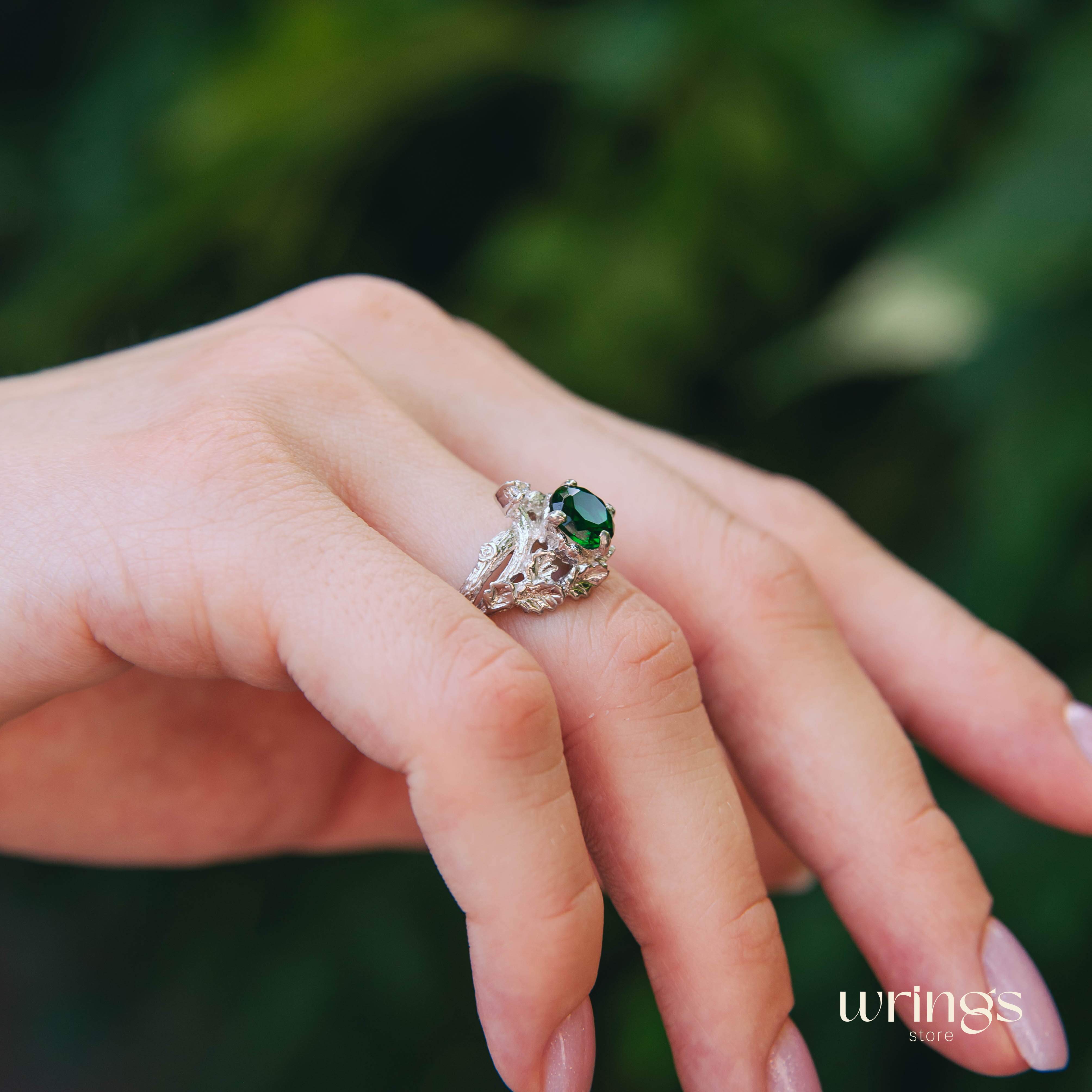 Statement Silver Emerald & Shiny Twig and Oak Leaf Ring