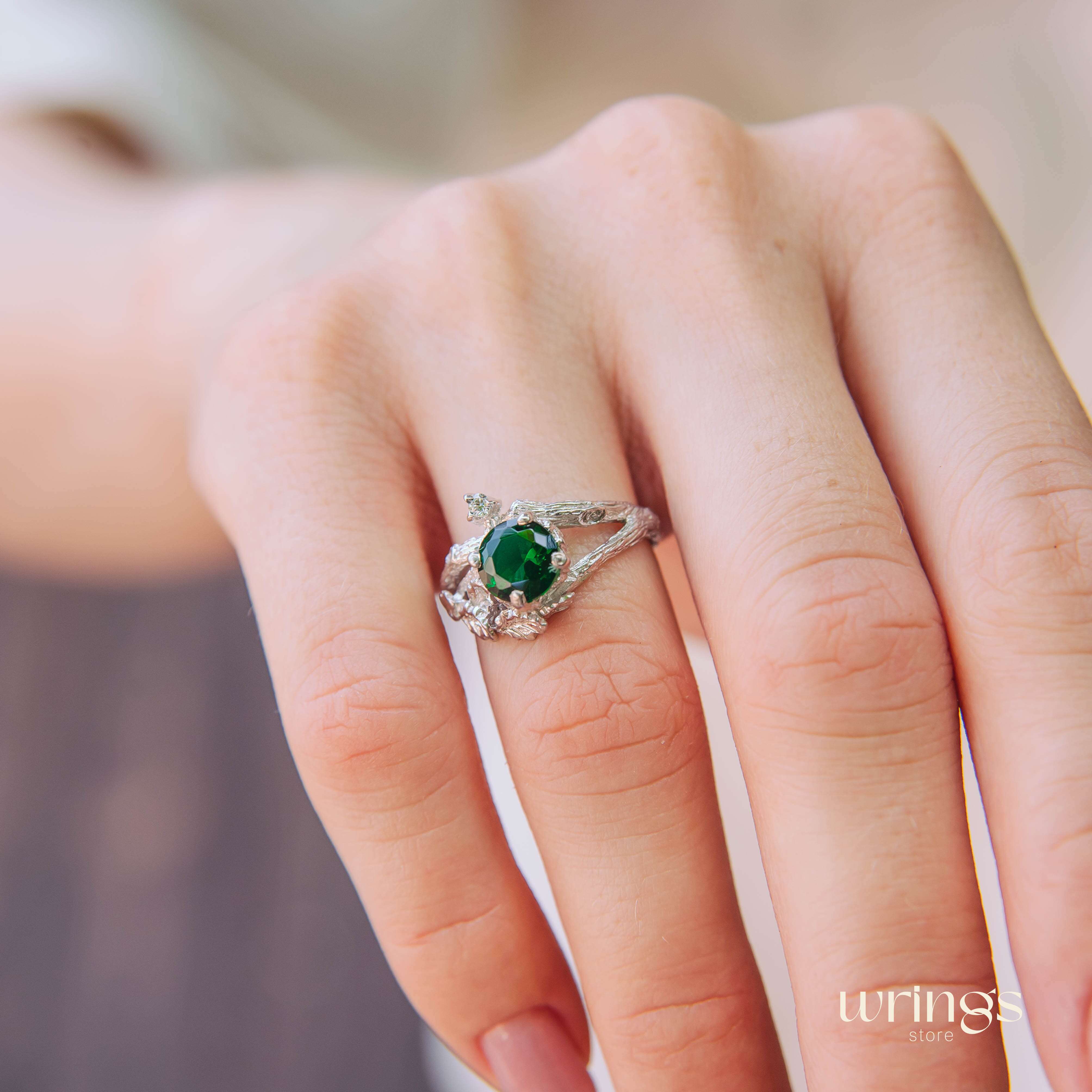 Statement Silver Emerald & Shiny Twig and Oak Leaf Ring