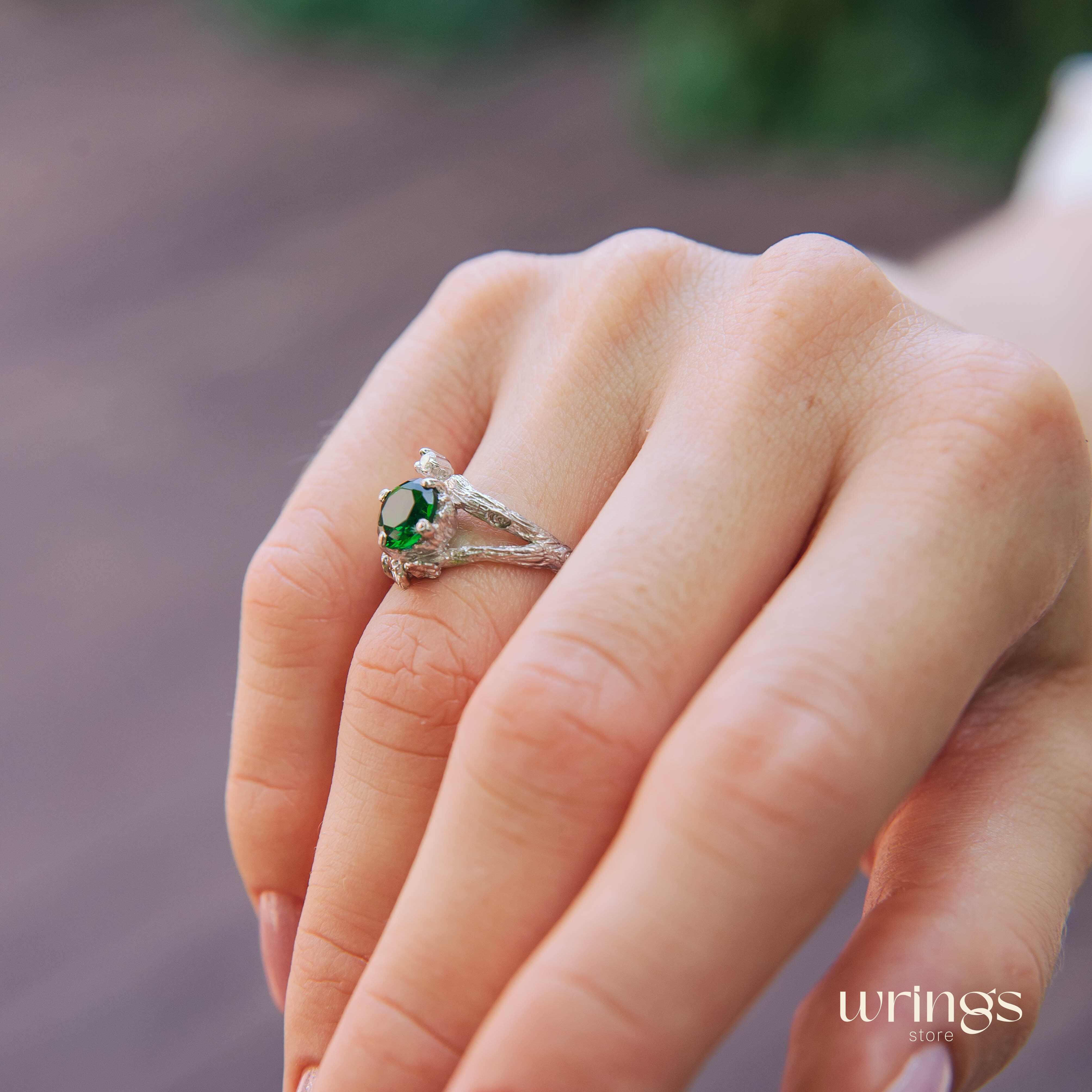 Statement Silver Emerald & Shiny Twig and Oak Leaf Ring