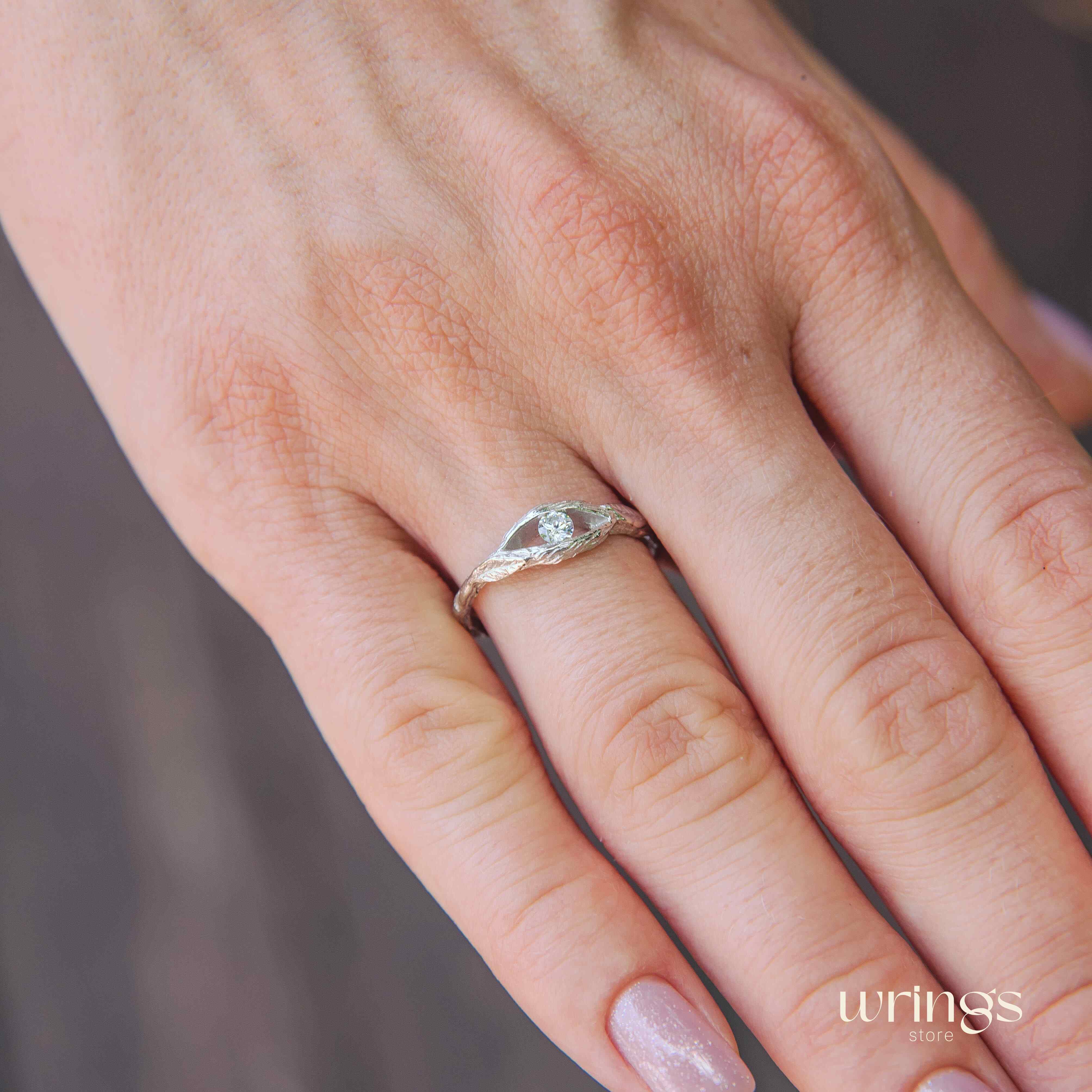 White Zirconia Stone in Twig Engagement Ring with Leaves