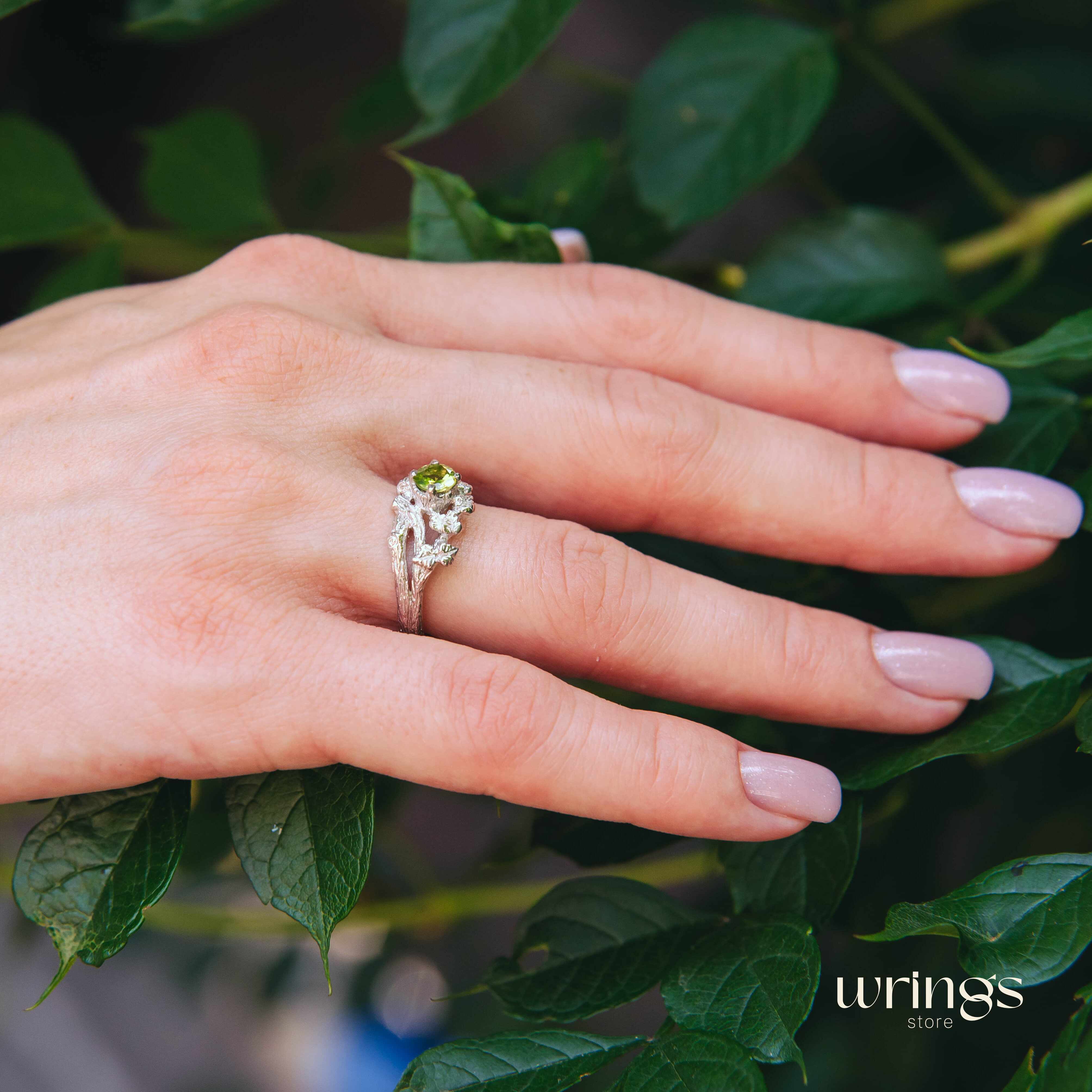 Peridot on Split Branch Leaf Silver Engagement Ring