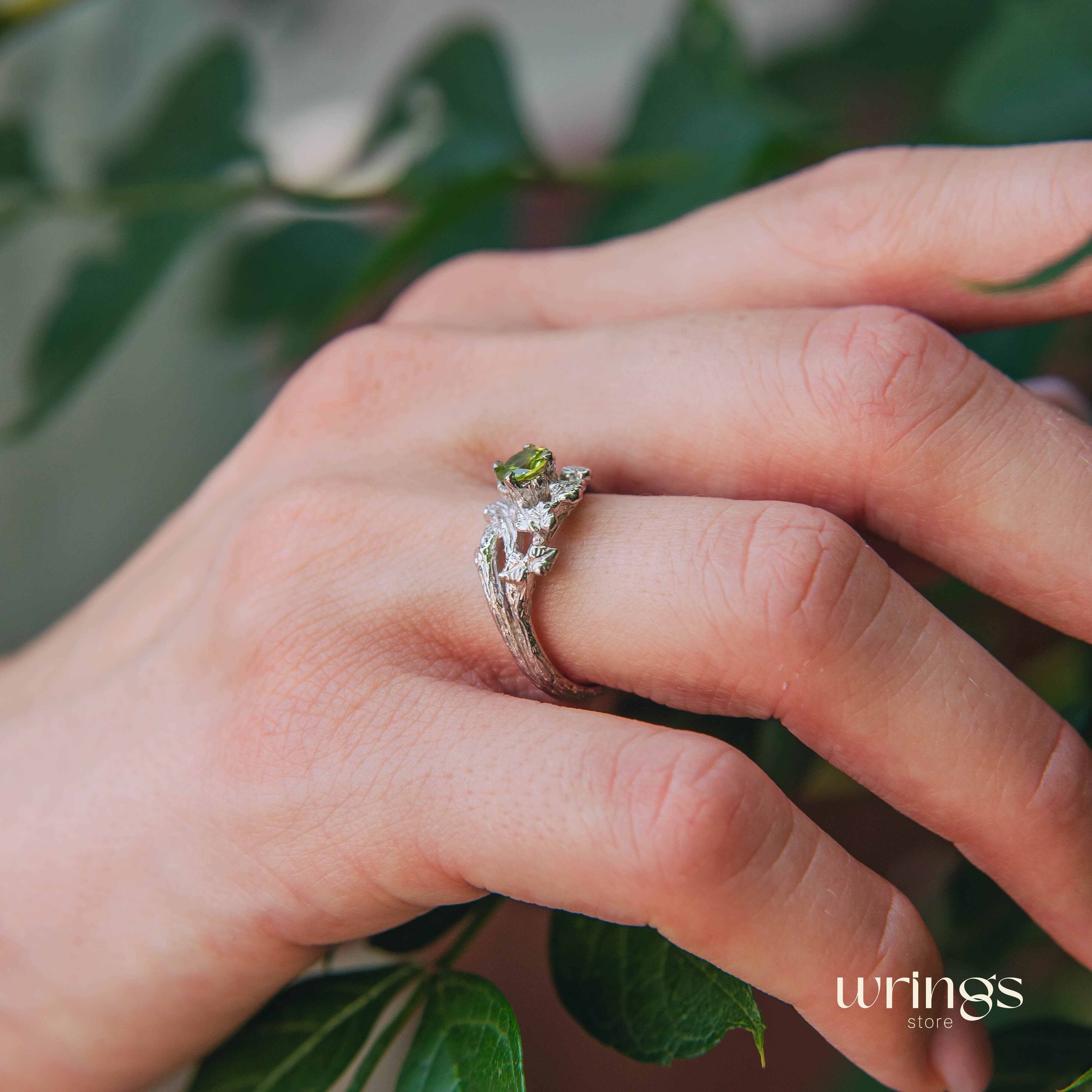 Peridot on Split Branch Leaf Silver Engagement Ring