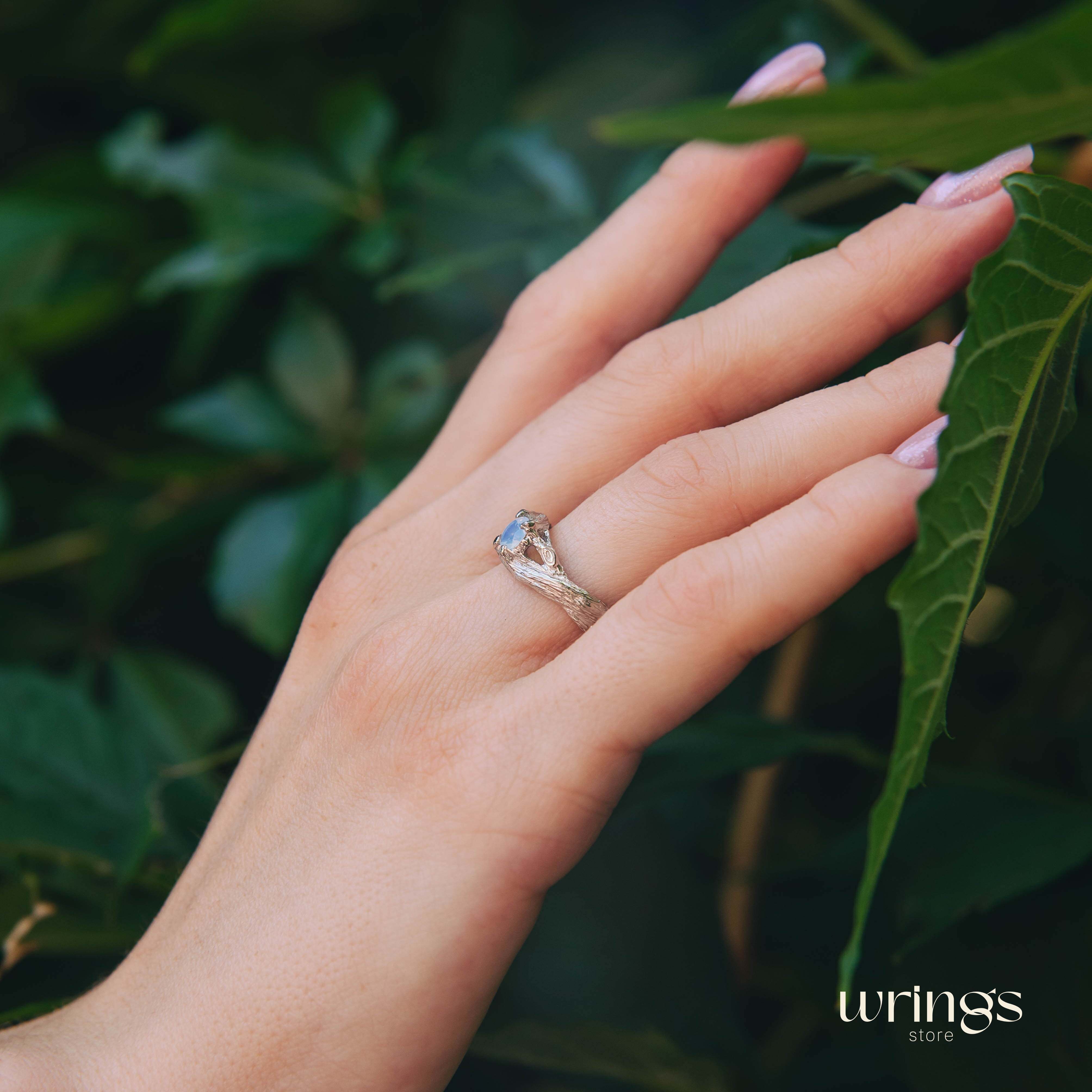 Moonstone in Whimsical Twisted Twig Engagement Ring Silver