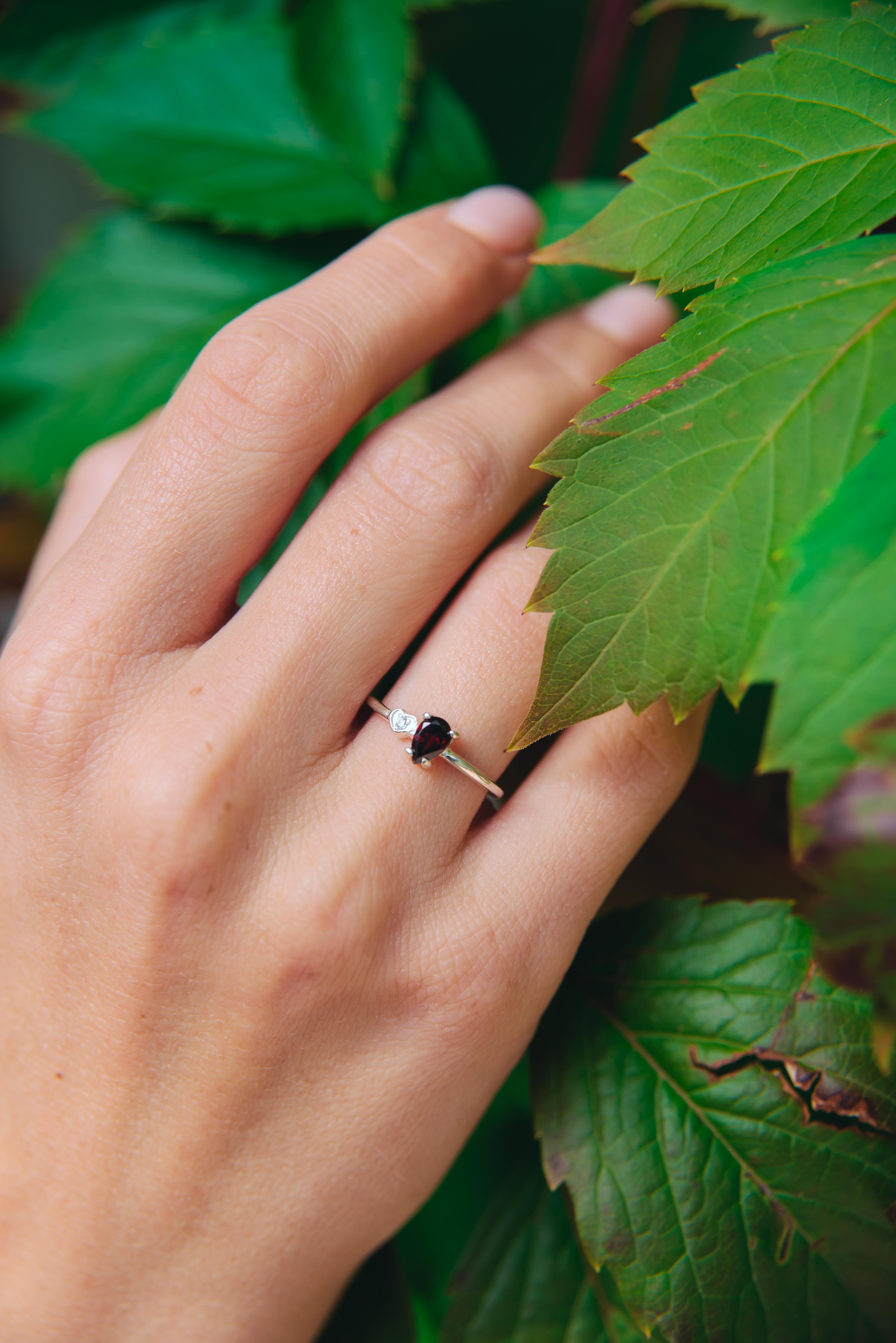 January Birthstone Ring with Pear Garnet & Heart with Cubic Zirconia