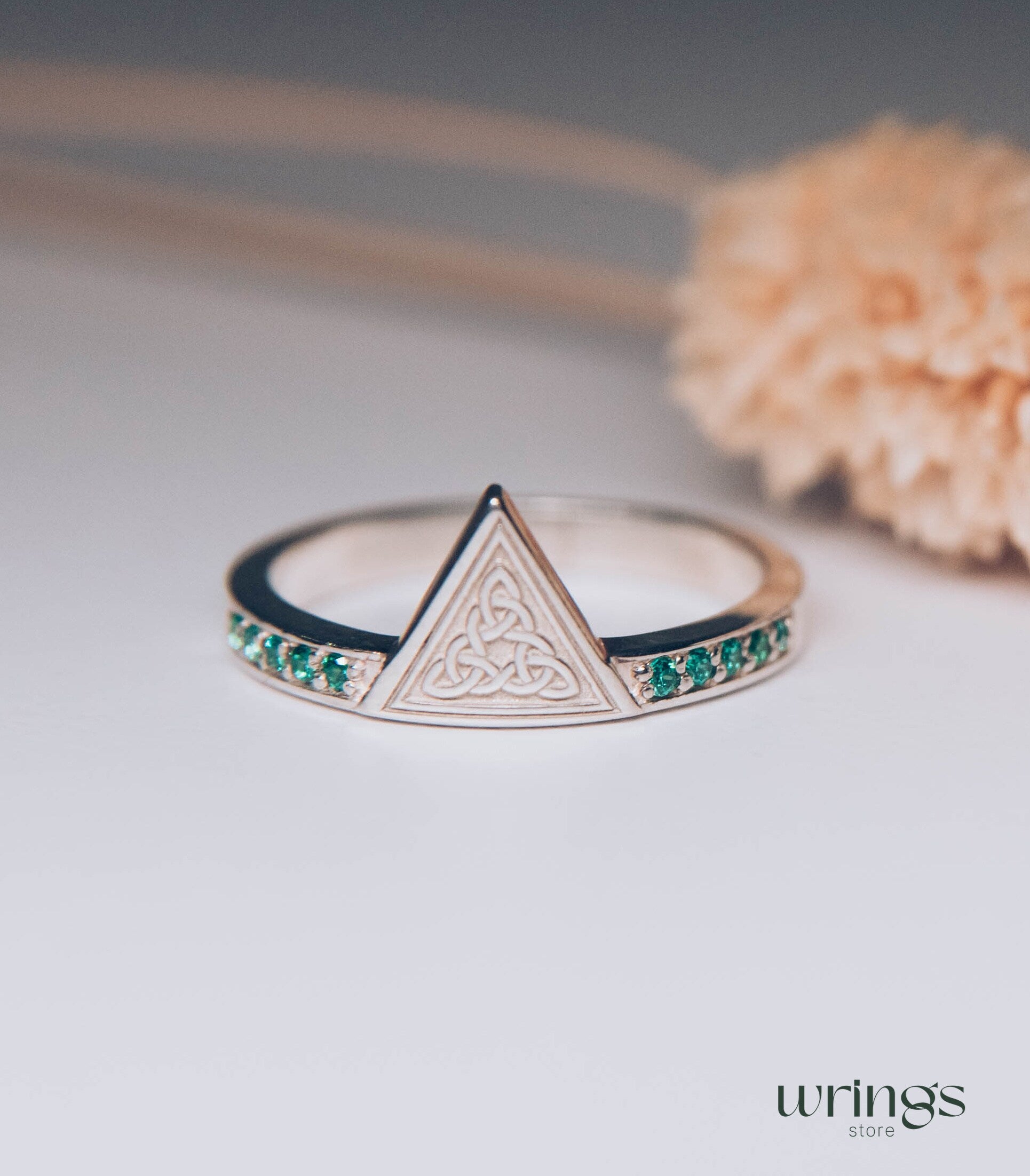 Engraved Celtic Trinity Triangle Ring with Side Emeralds