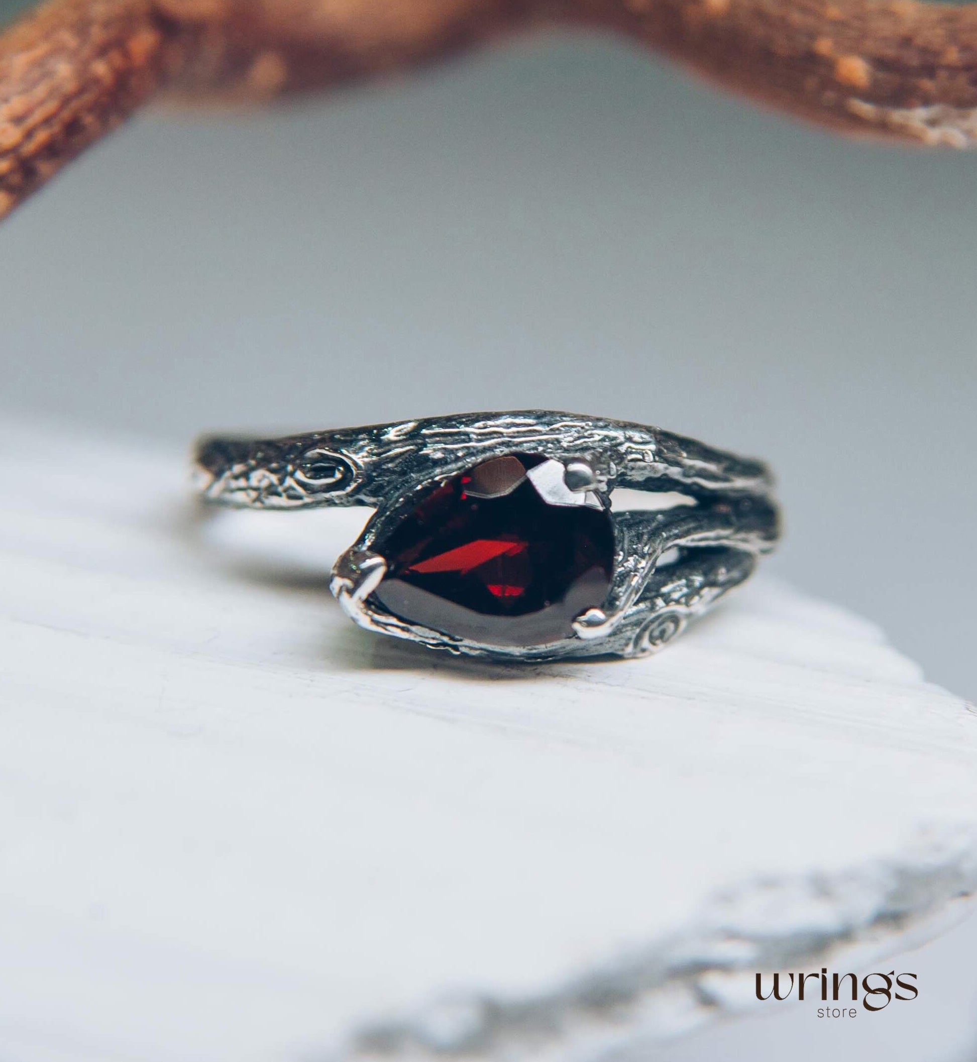 Pear Garnet and Silver Branch Engagement Ring