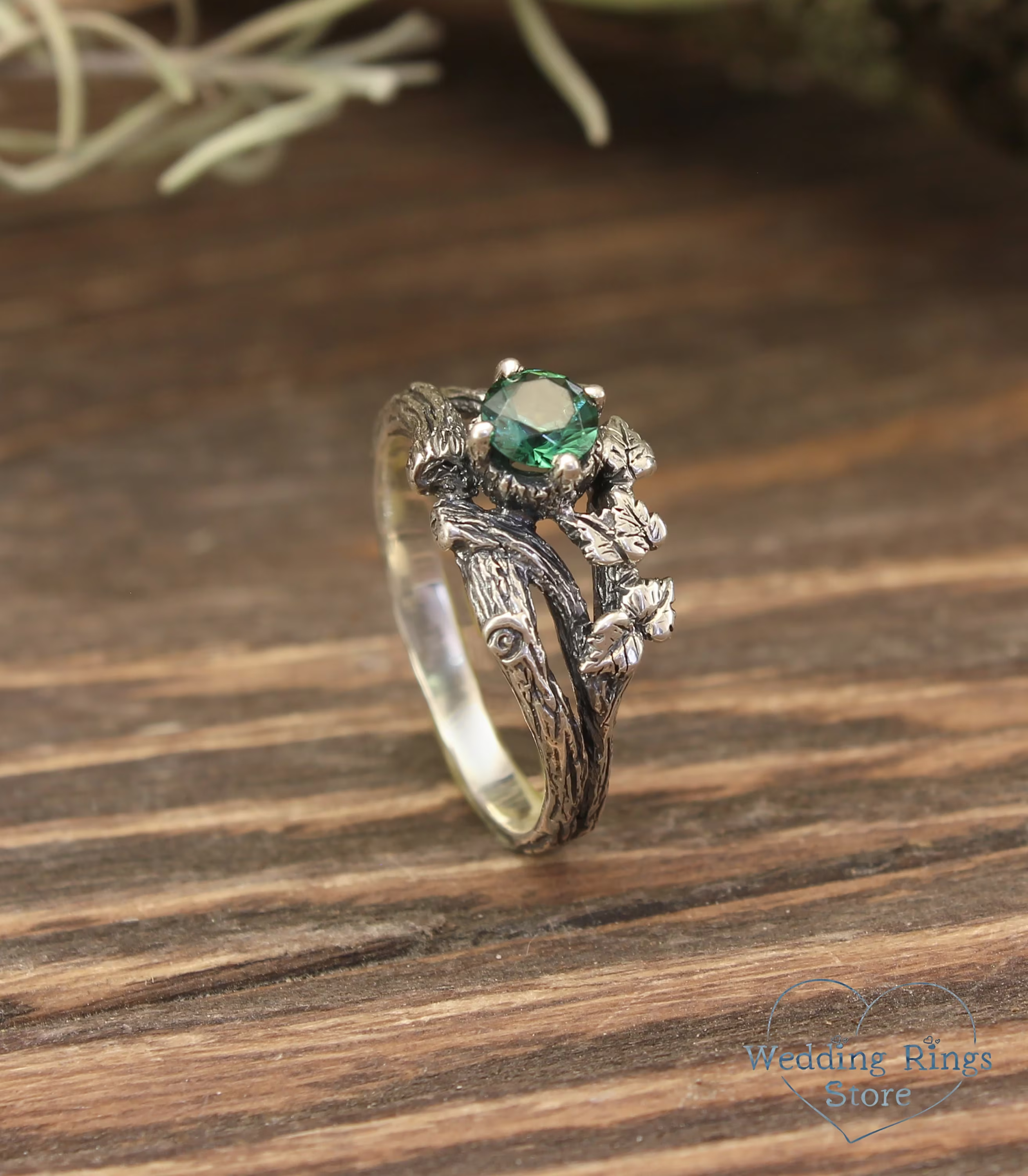 Round Green Quartz in Silver Branch and Leaf Engagement Ring