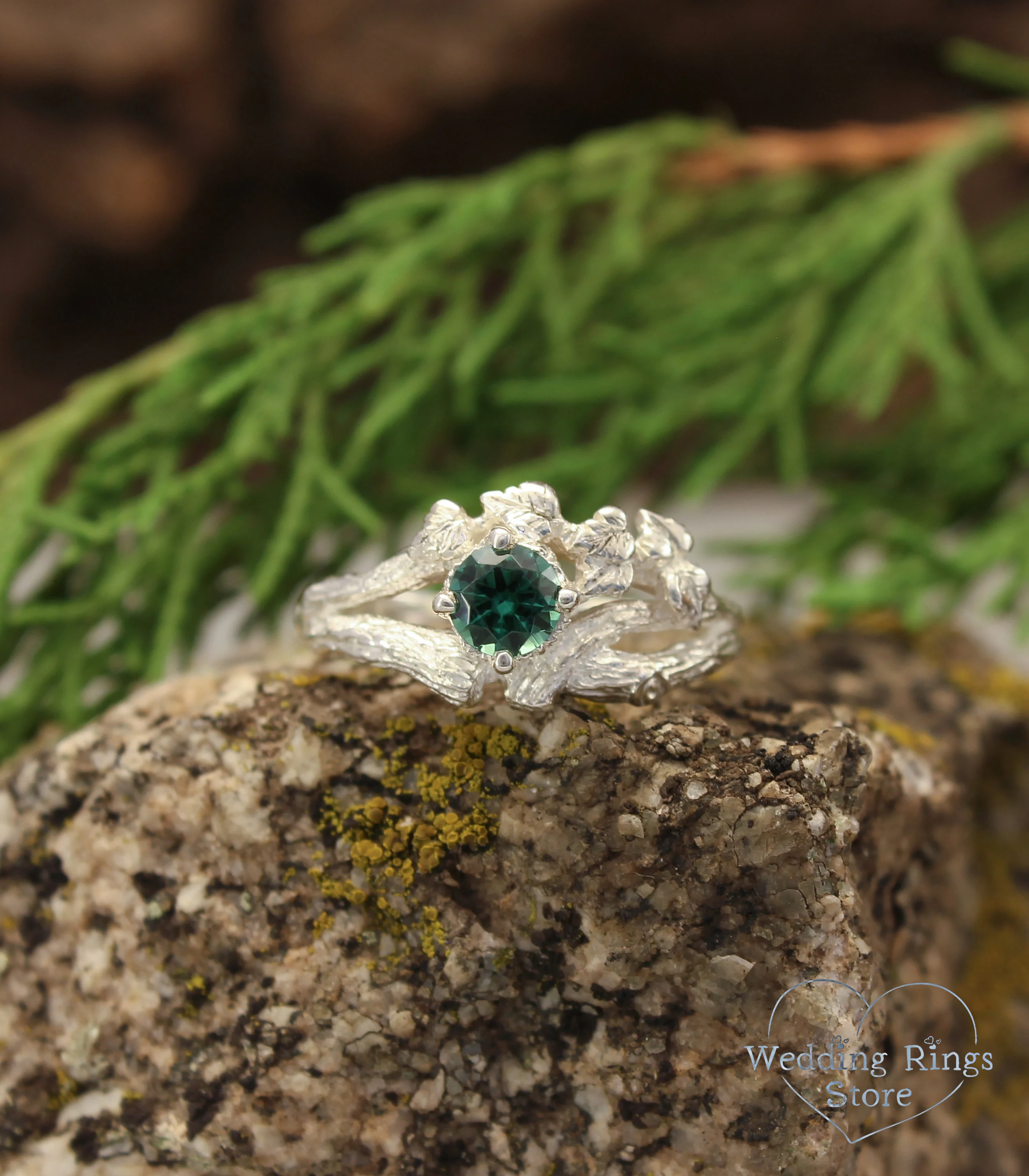 Round Green Quartz in Silver Branch and Leaf Engagement Ring