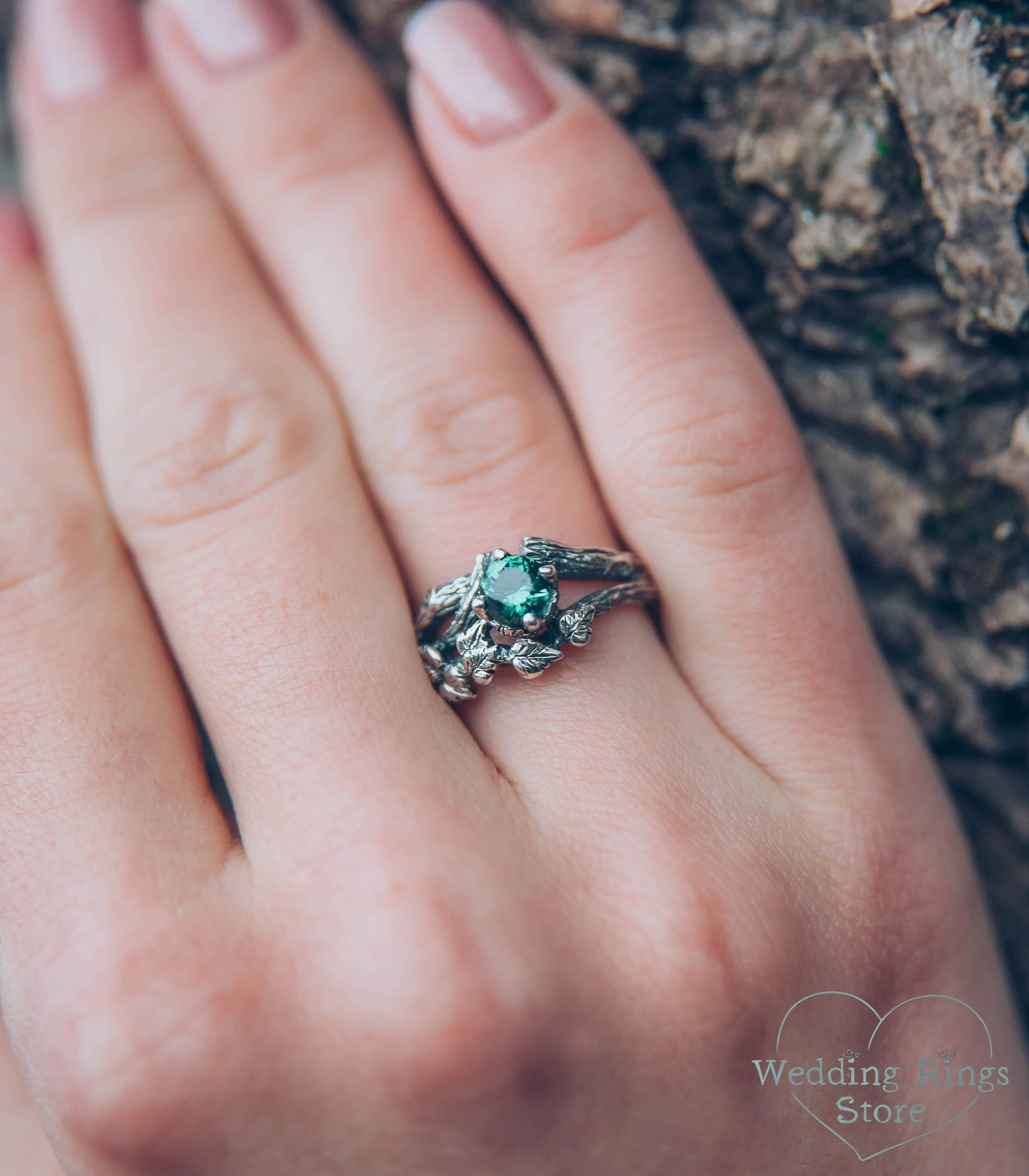 Round Green Quartz in Silver Branch and Leaf Engagement Ring