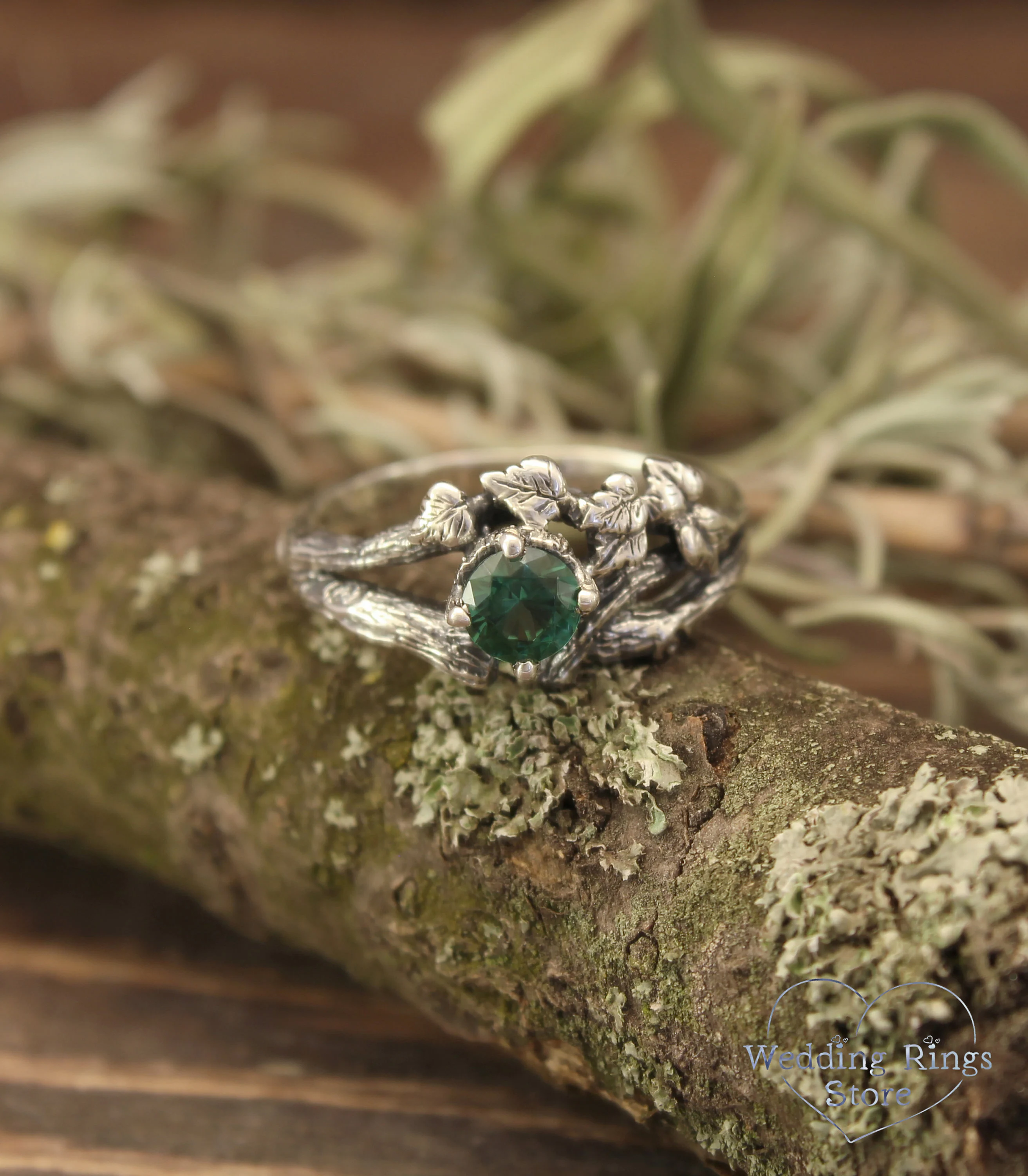 Round Green Quartz in Silver Branch and Leaf Engagement Ring