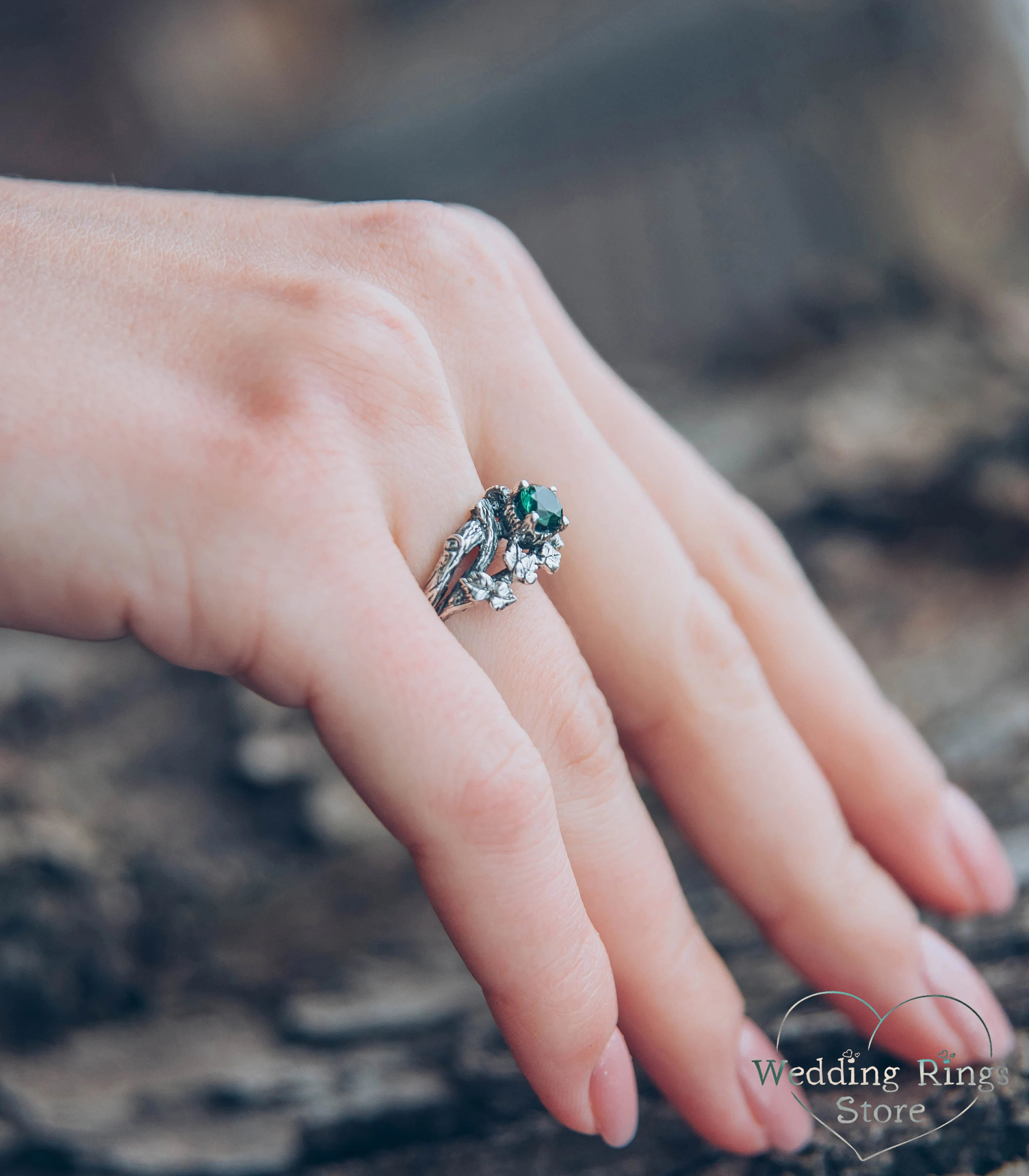 Round Green Quartz in Silver Branch and Leaf Engagement Ring