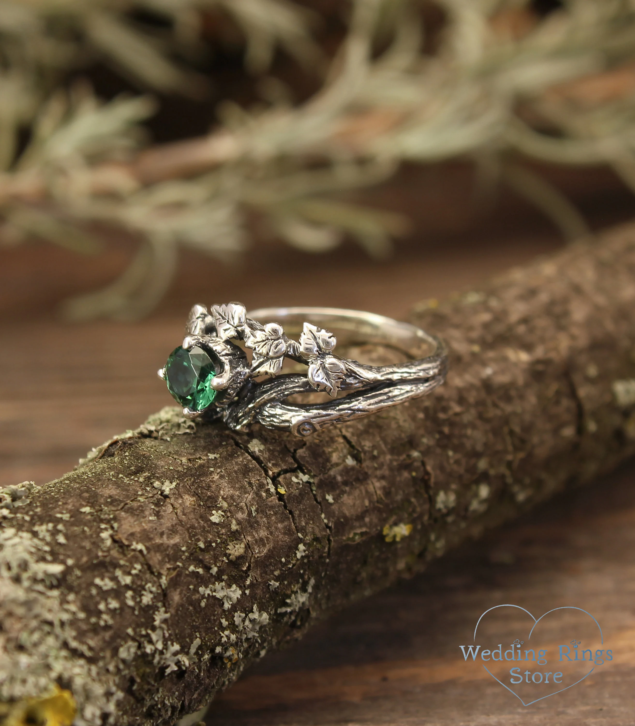 Round Green Quartz in Silver Branch and Leaf Engagement Ring