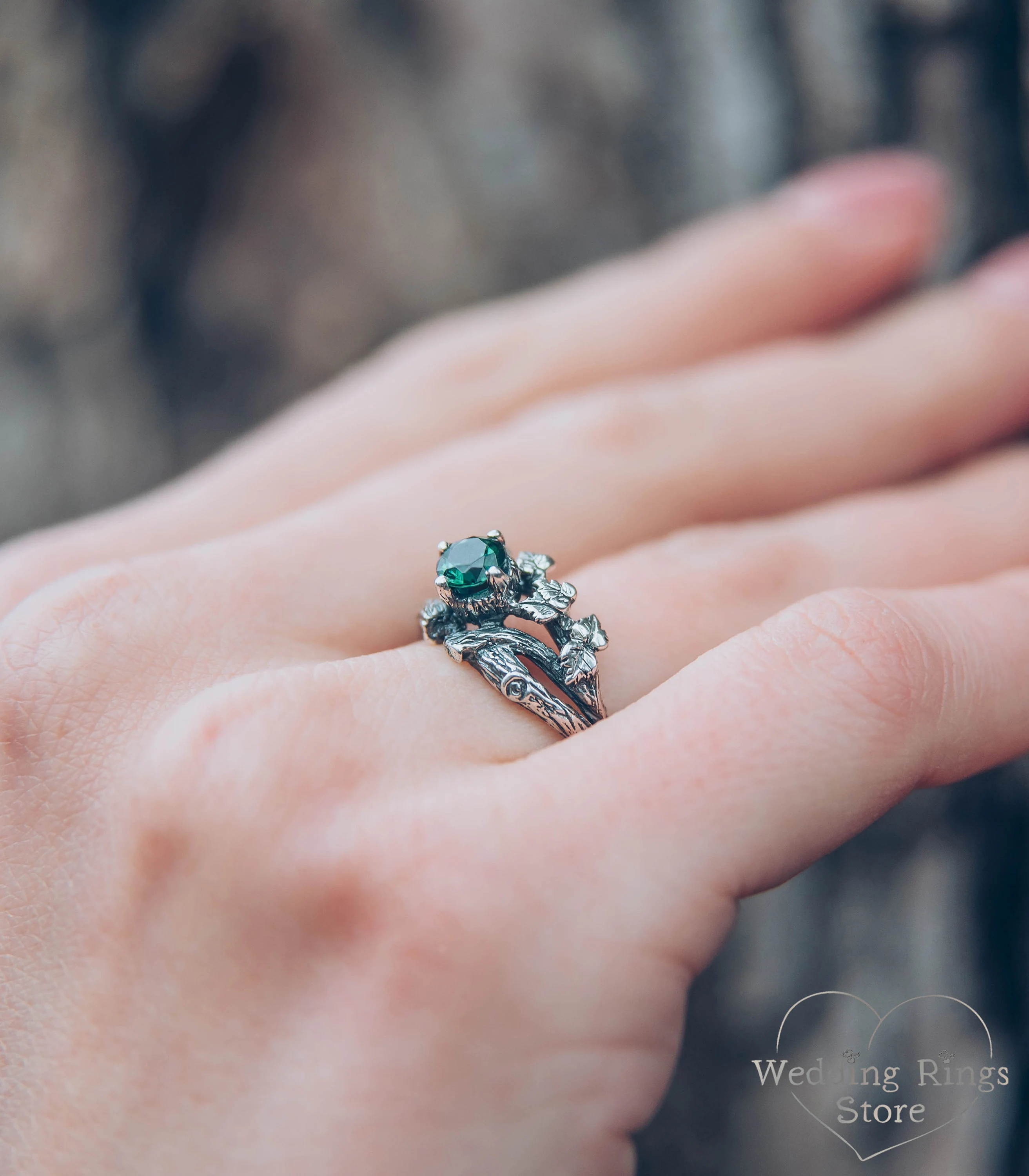 Round Green Quartz in Silver Branch and Leaf Engagement Ring