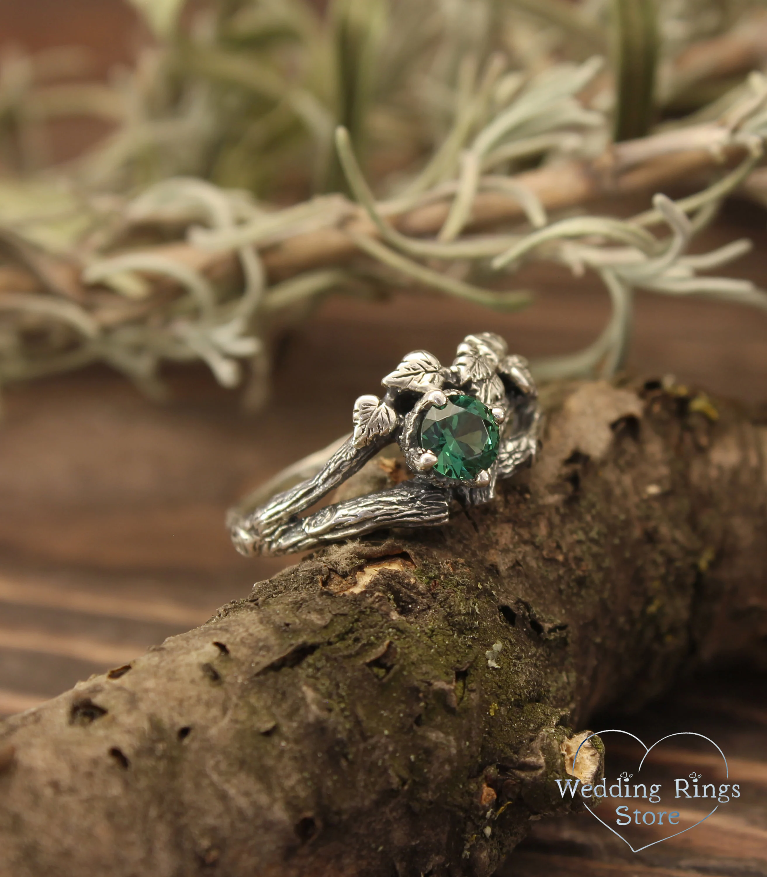 Round Green Quartz in Silver Branch and Leaf Engagement Ring