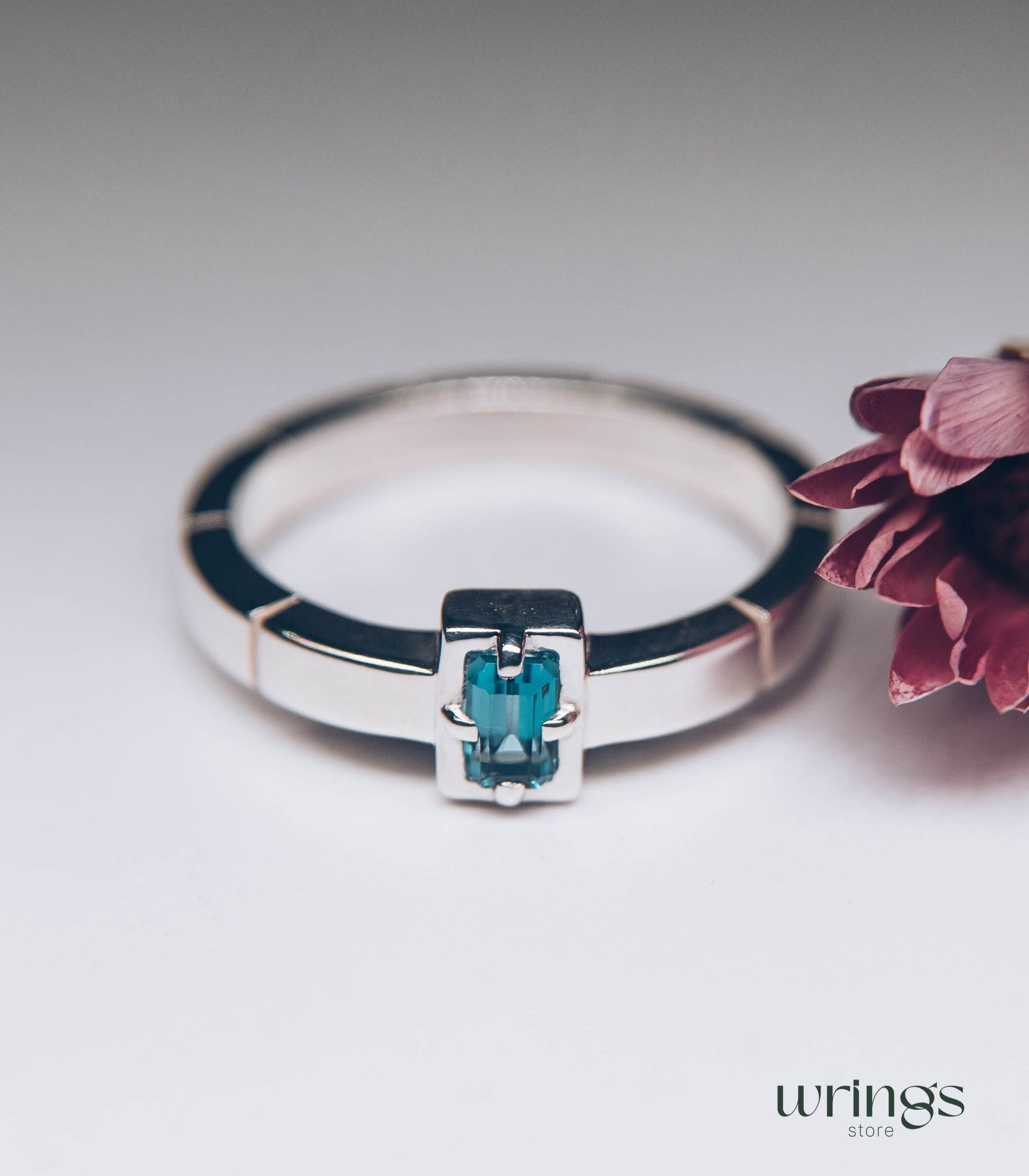 Silver Thick Band Solitaire Topaz Engagement Ring