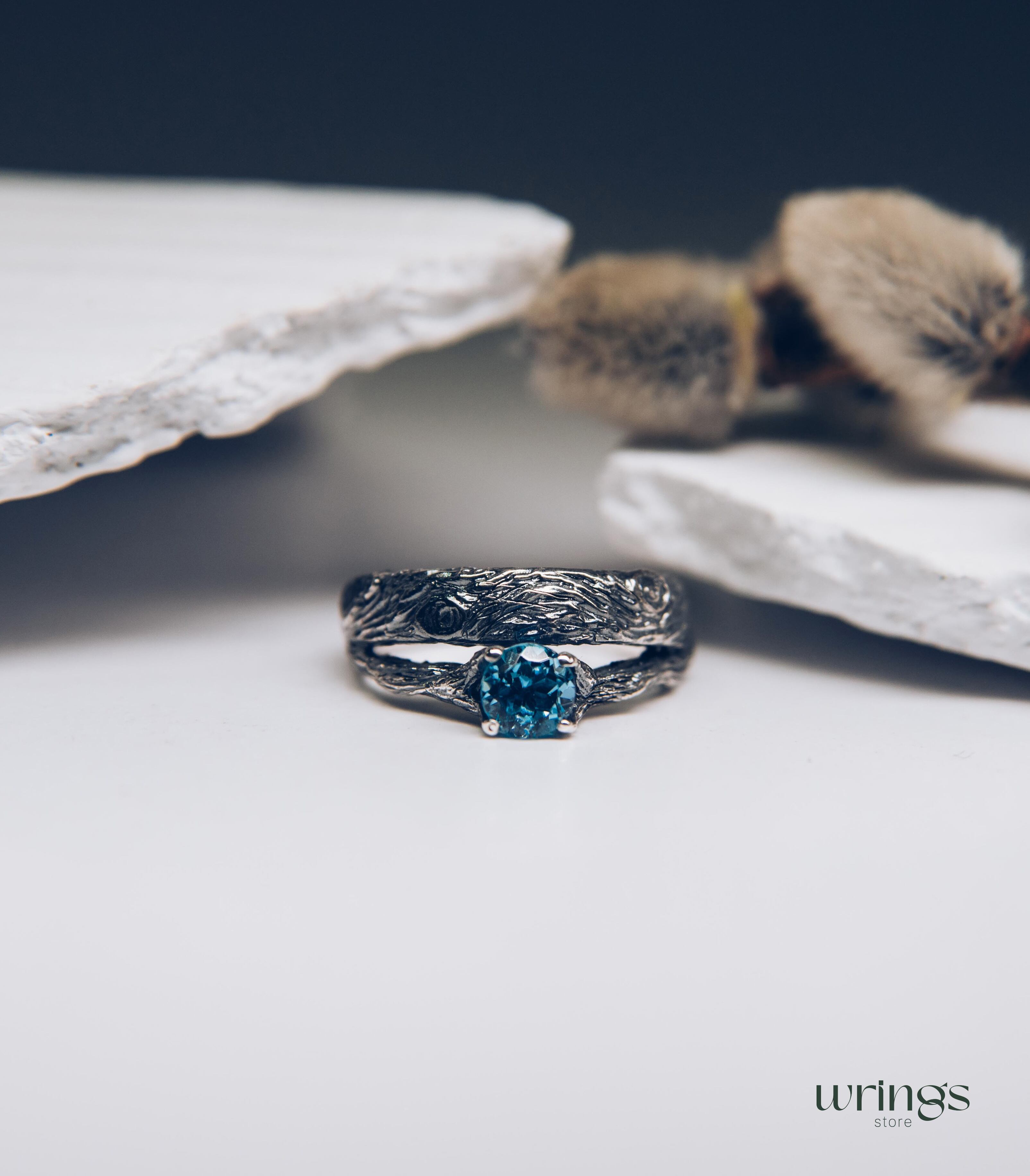 Silver Tree bark & Shiny Topaz Engagement Ring