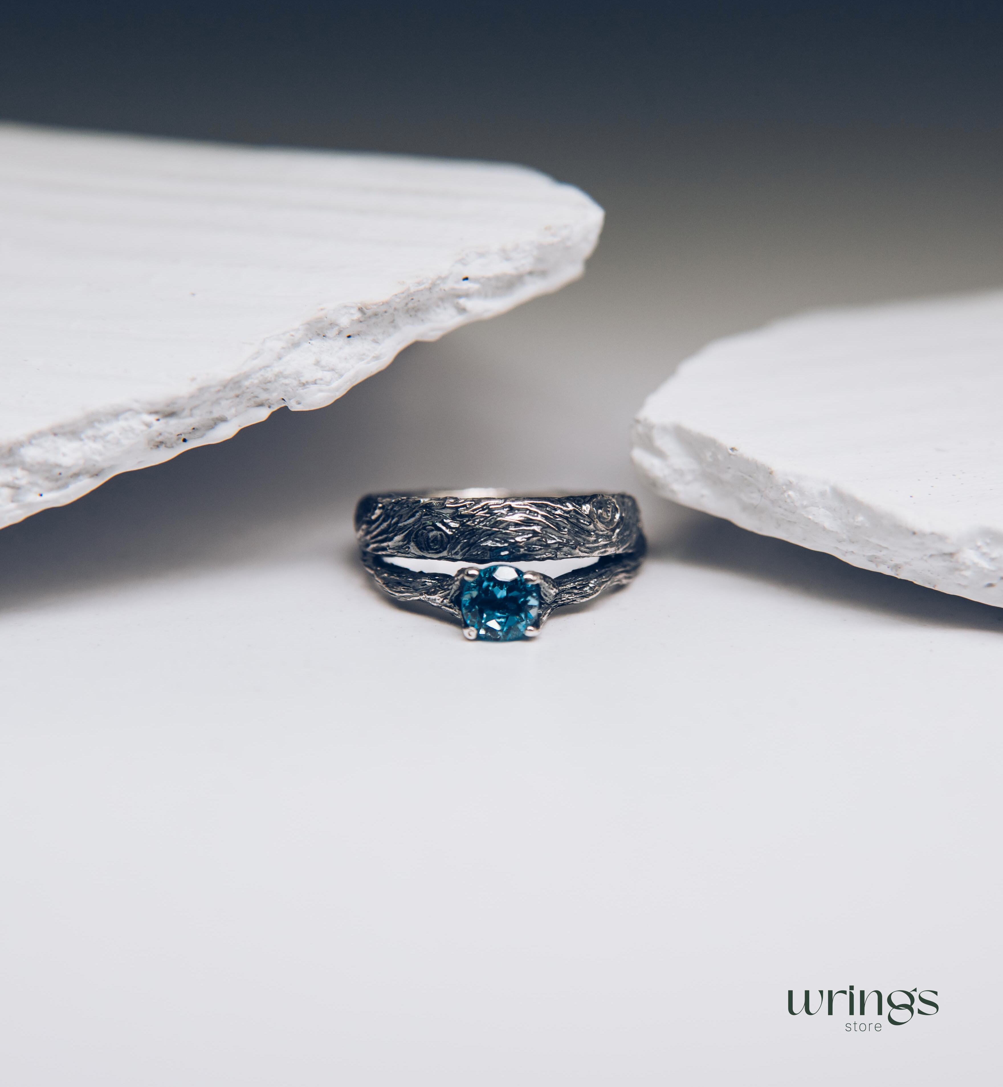Silver Tree bark & Shiny Topaz Engagement Ring