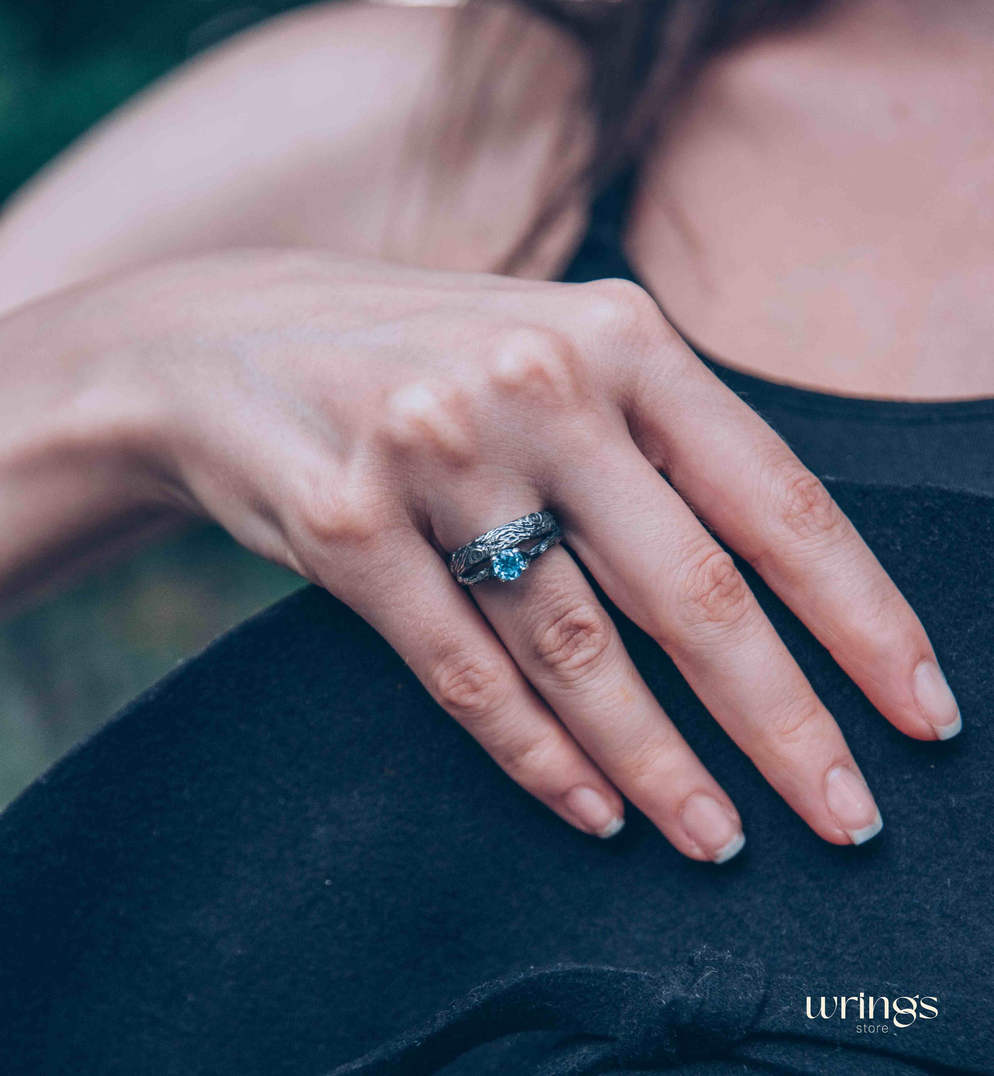 Silver Tree bark & Shiny Topaz Engagement Ring