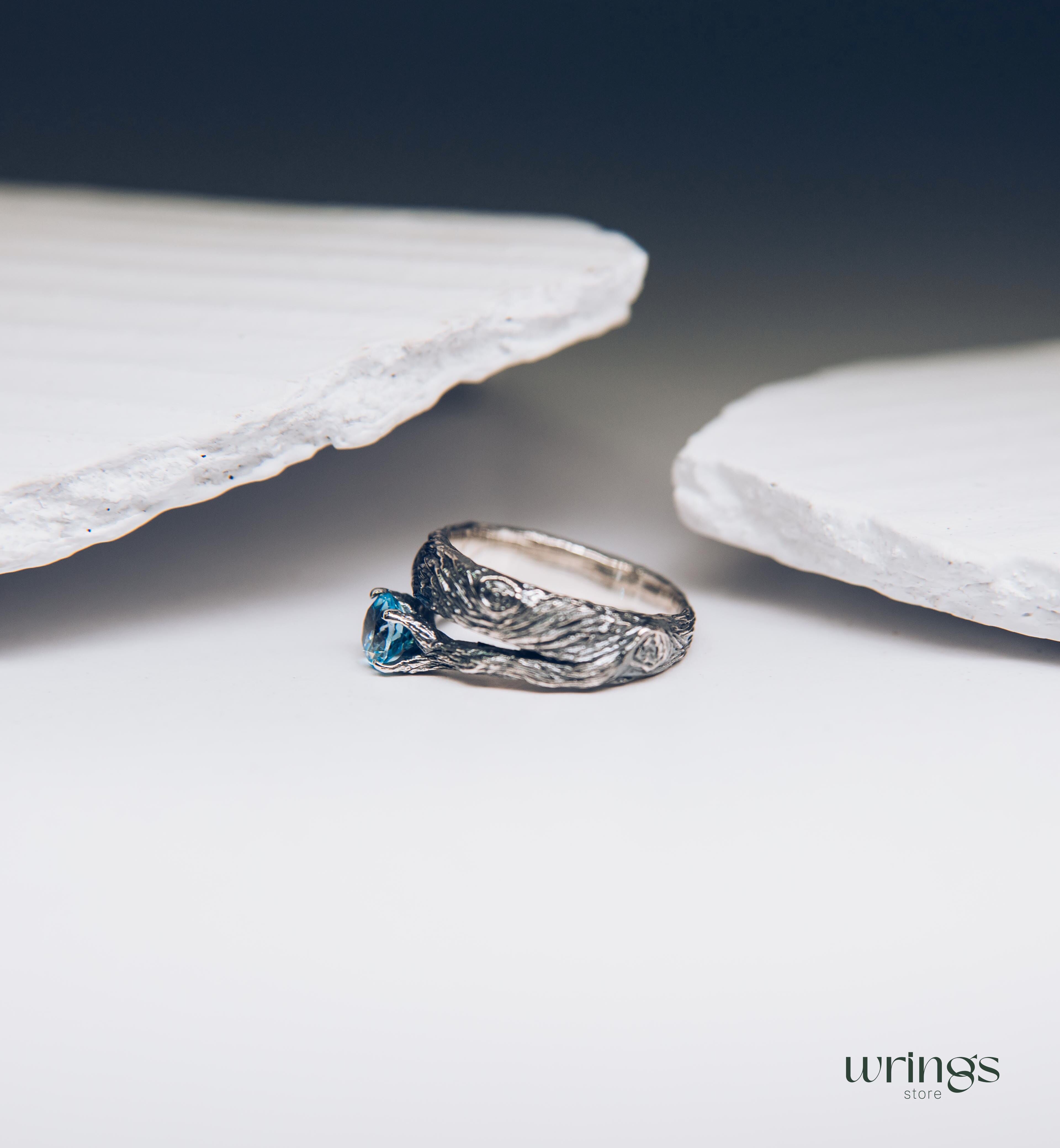 Silver Tree bark & Shiny Topaz Engagement Ring