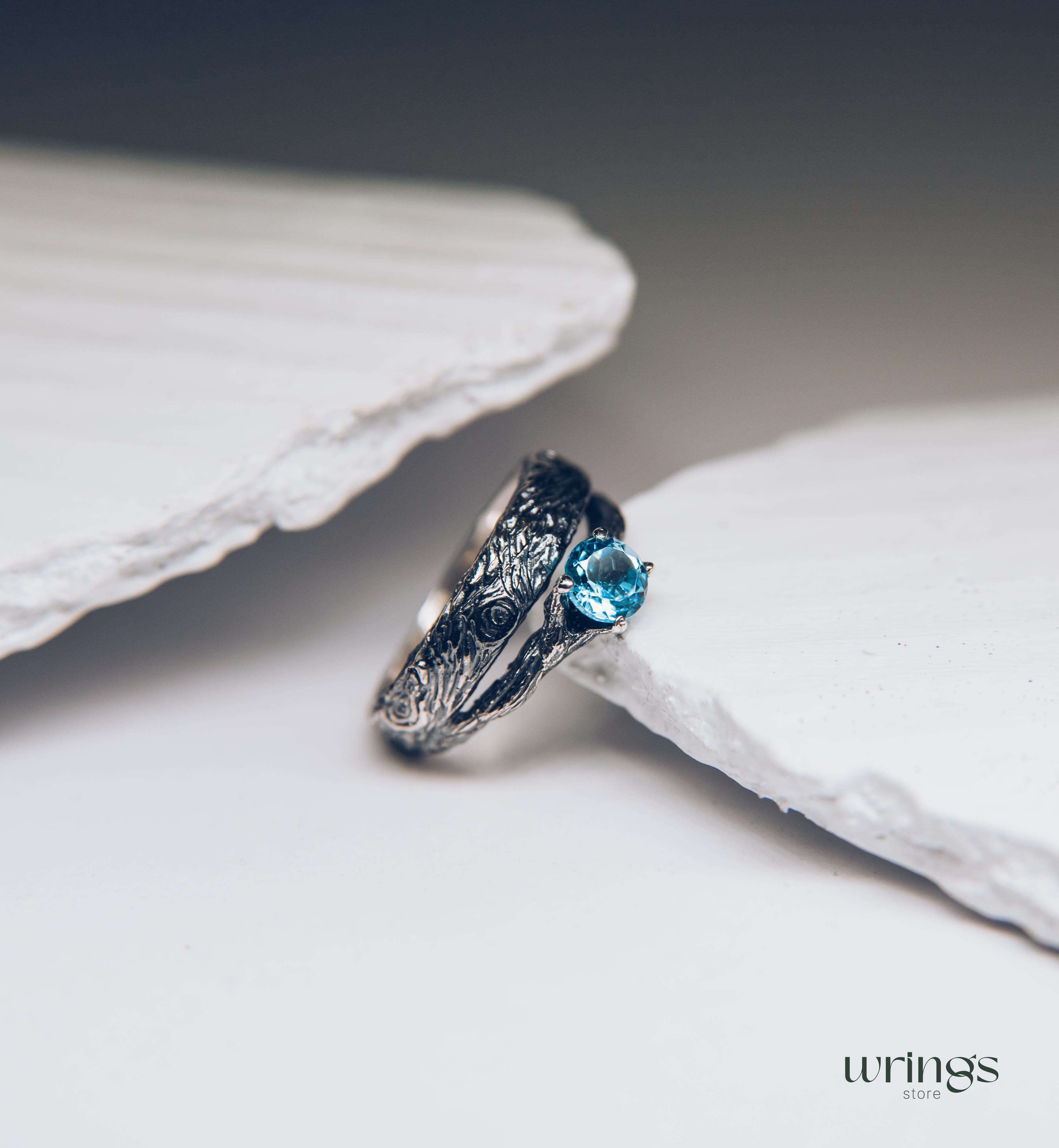 Silver Tree bark & Shiny Topaz Engagement Ring