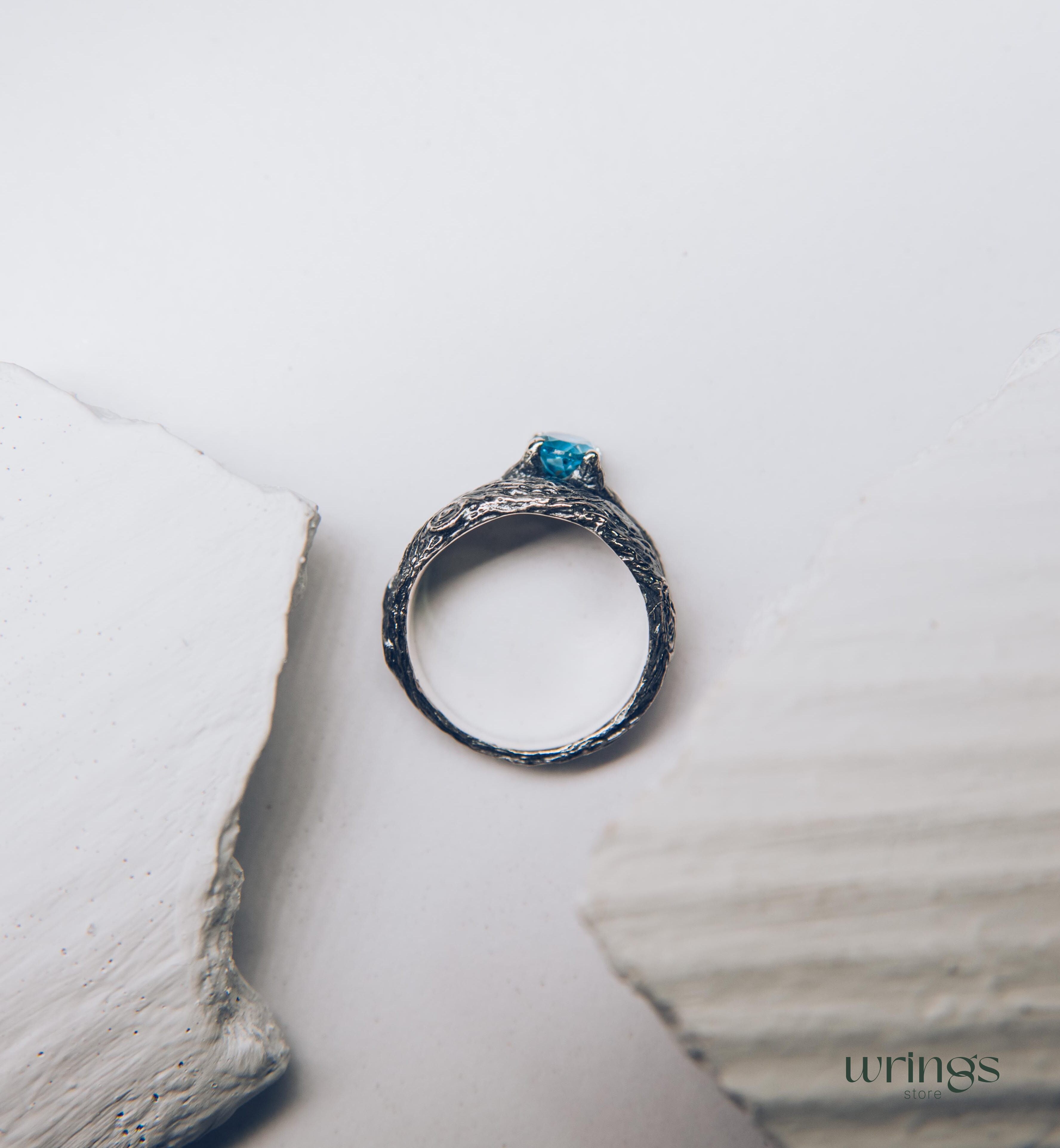 Silver Tree bark & Shiny Topaz Engagement Ring