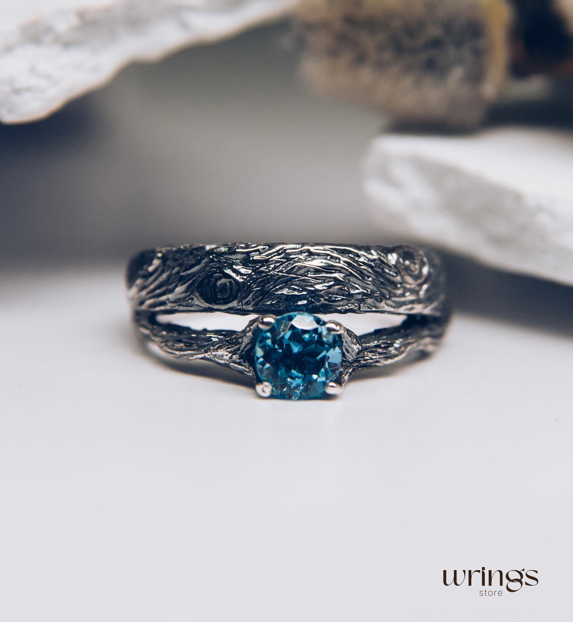 Silver Tree bark & Shiny Topaz Engagement Ring