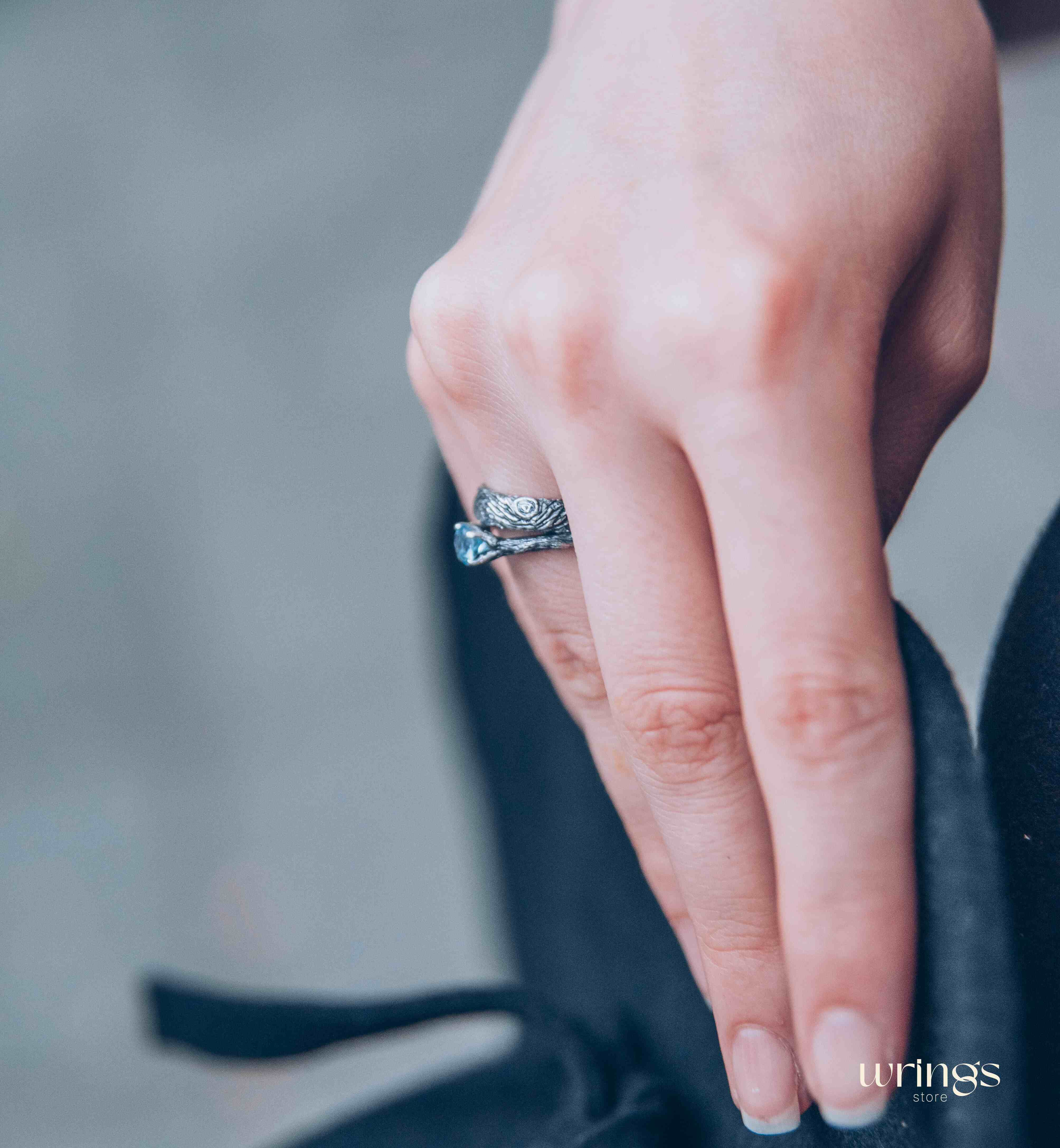 Silver Tree bark & Shiny Topaz Engagement Ring