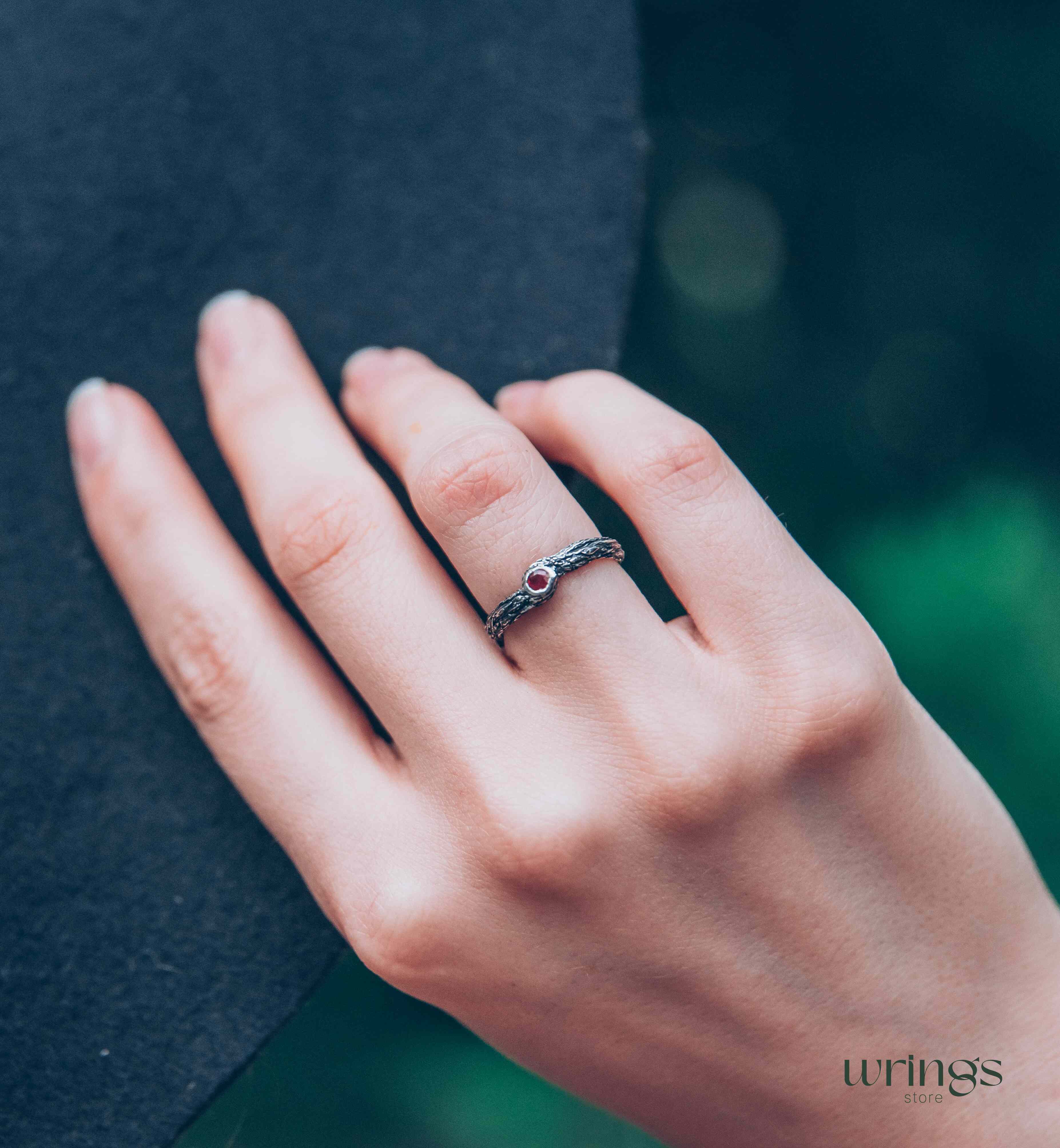 Simple Forest Nature Silver Branch Ruby Engagement Ring