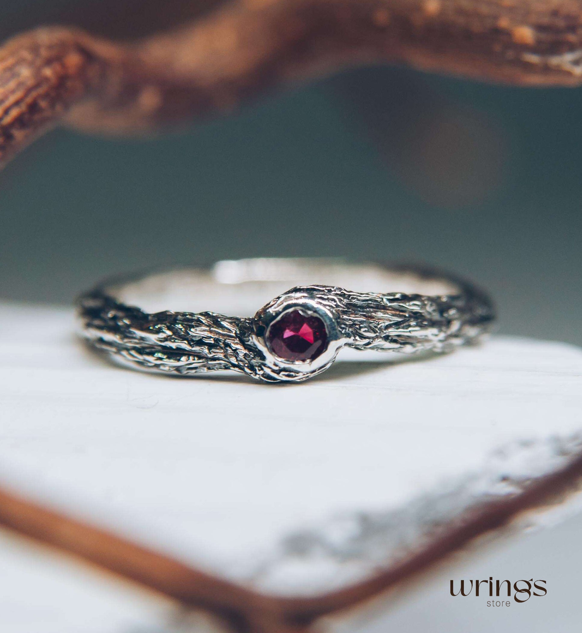 Simple Forest Nature Silver Branch Ruby Engagement Ring