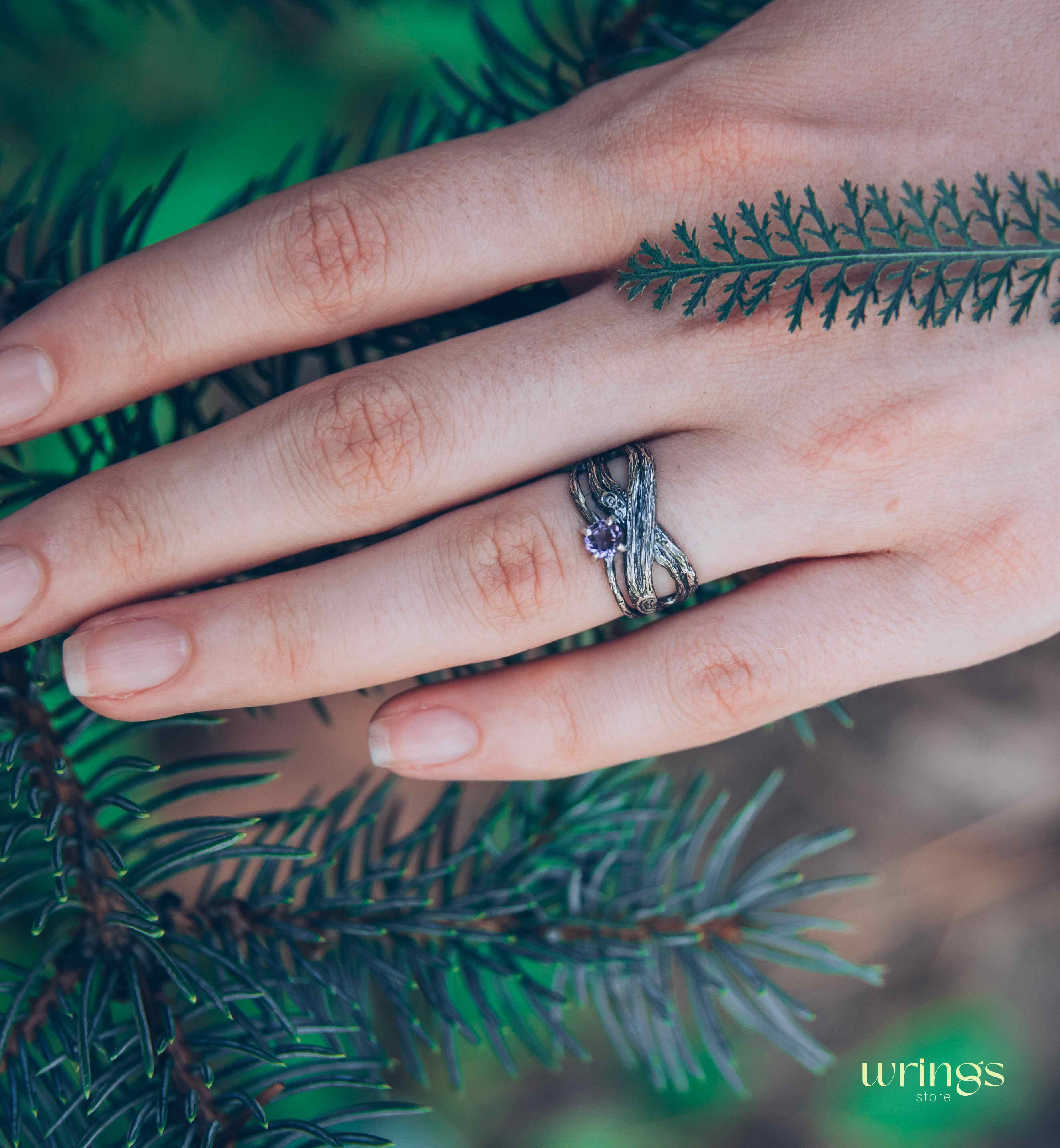 Sparkling Amethyst with Fine Silver Branch Infinity Ring