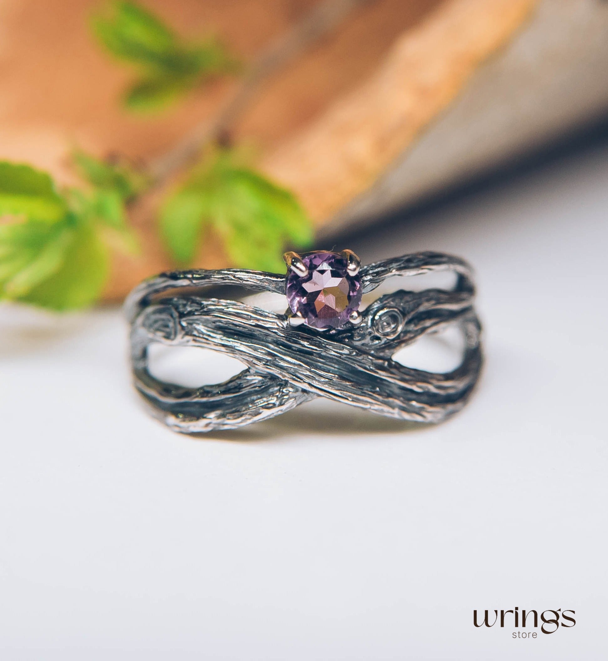 Sparkling Amethyst with Fine Silver Branch Infinity Ring