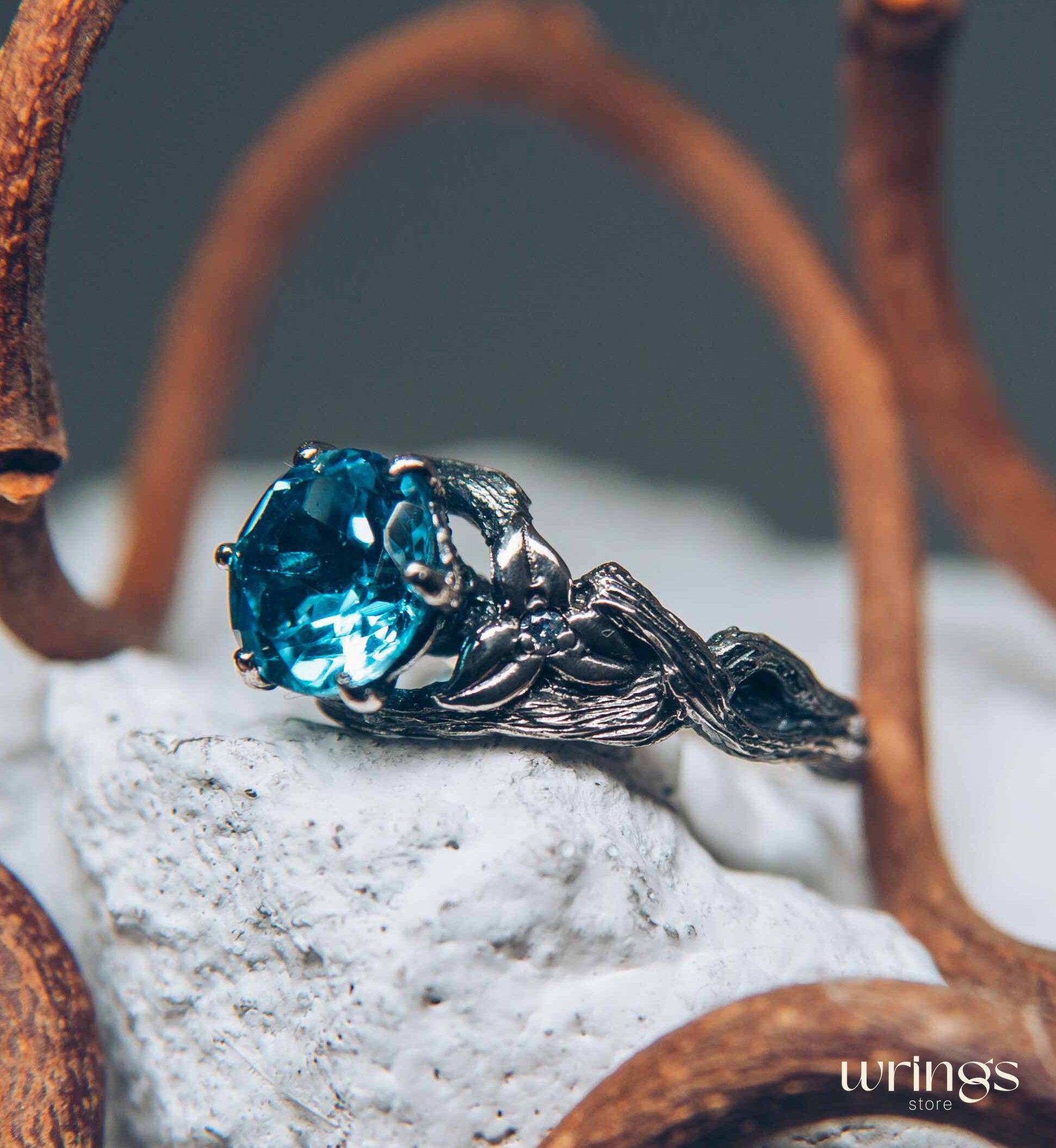 Topaz with Leaves and braided Twigs — Silver Branch Engagement Ring