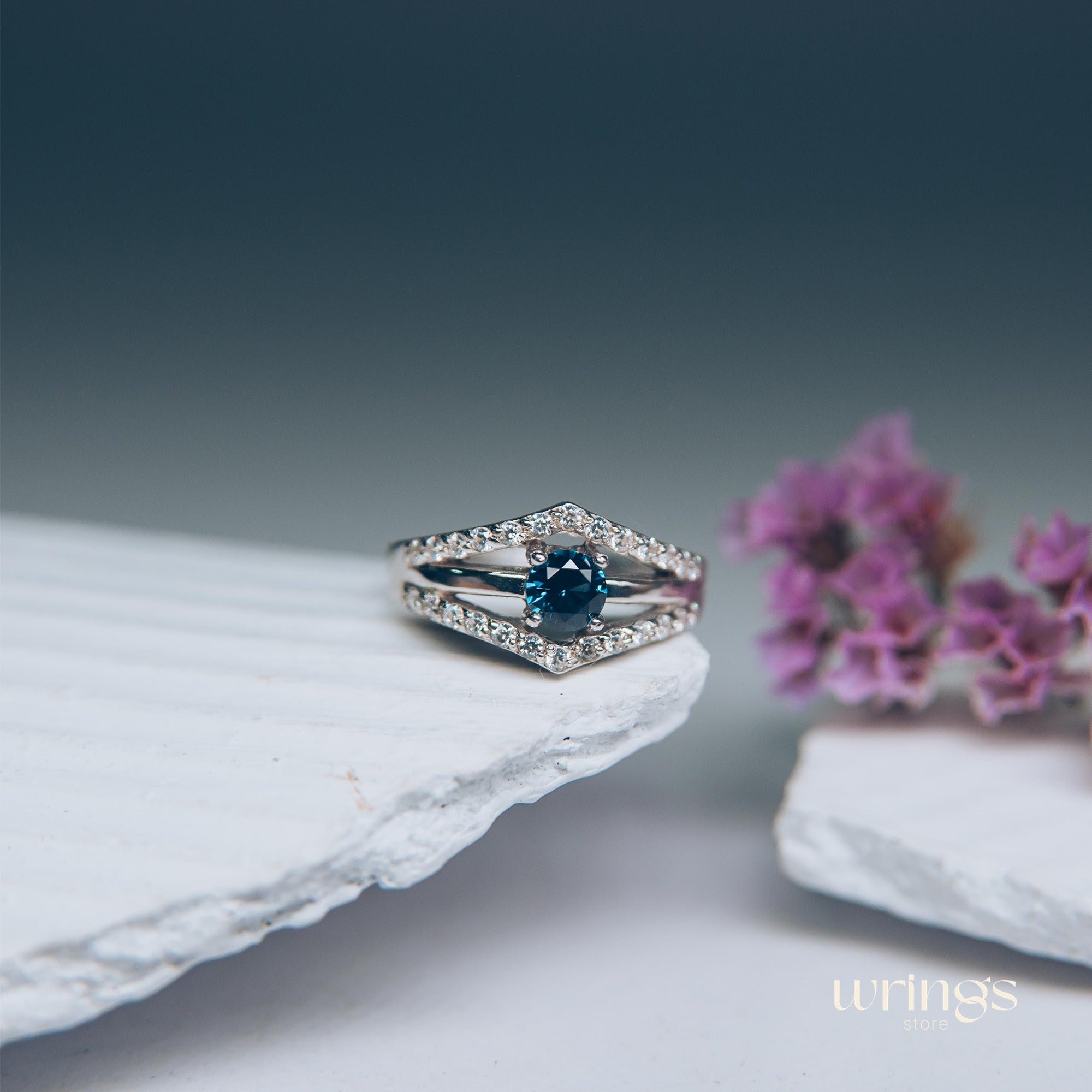 Double Chevron Engagement Ring - Oval Blue Topaz & CZ