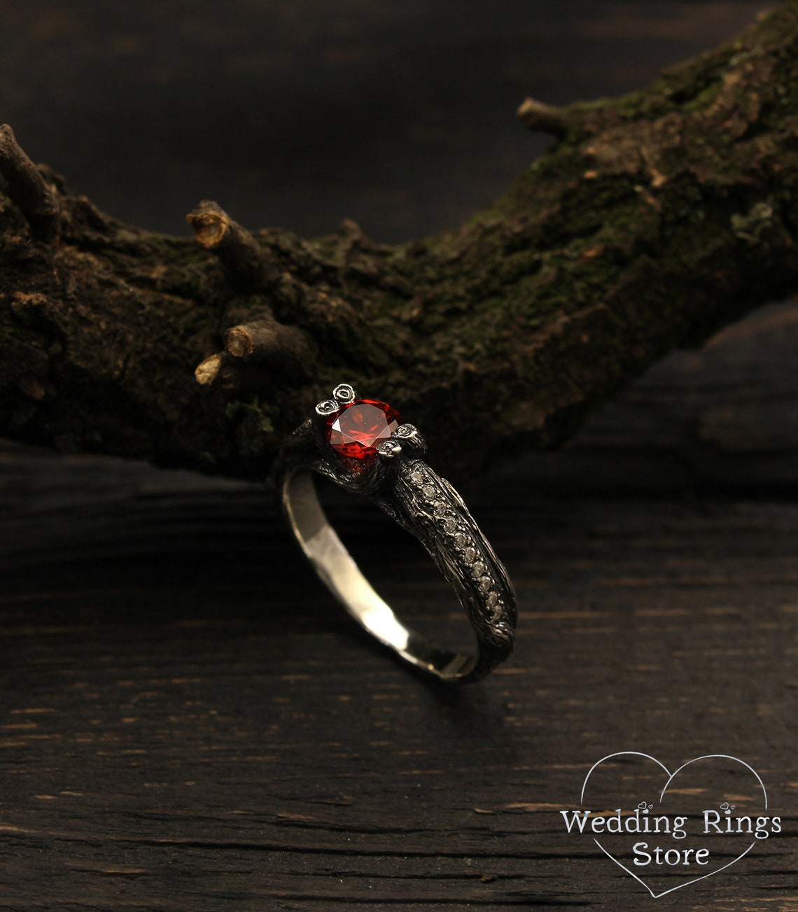 Round Garnet Engagement Ring Silver Branch & CZ Accents