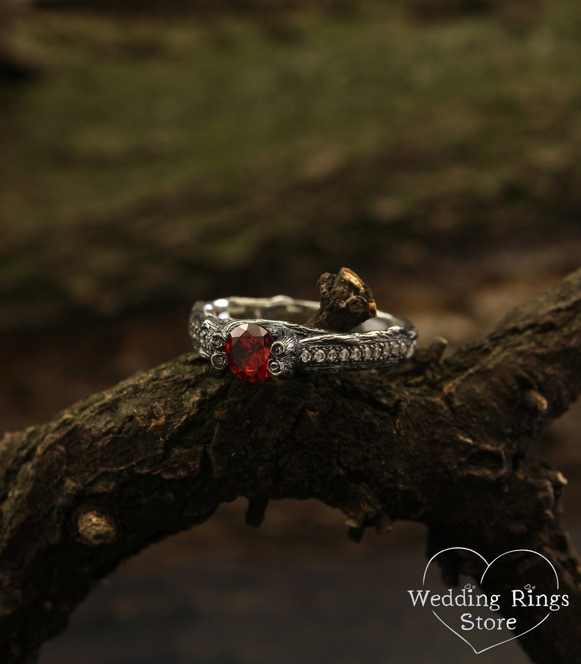 Round Garnet Engagement Ring Silver Branch & CZ Accents