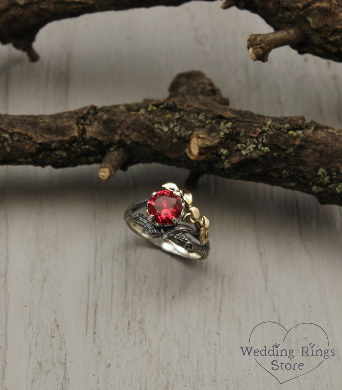 Big Ruby with Branch and Gold Leaves — Twig Engagement Ring