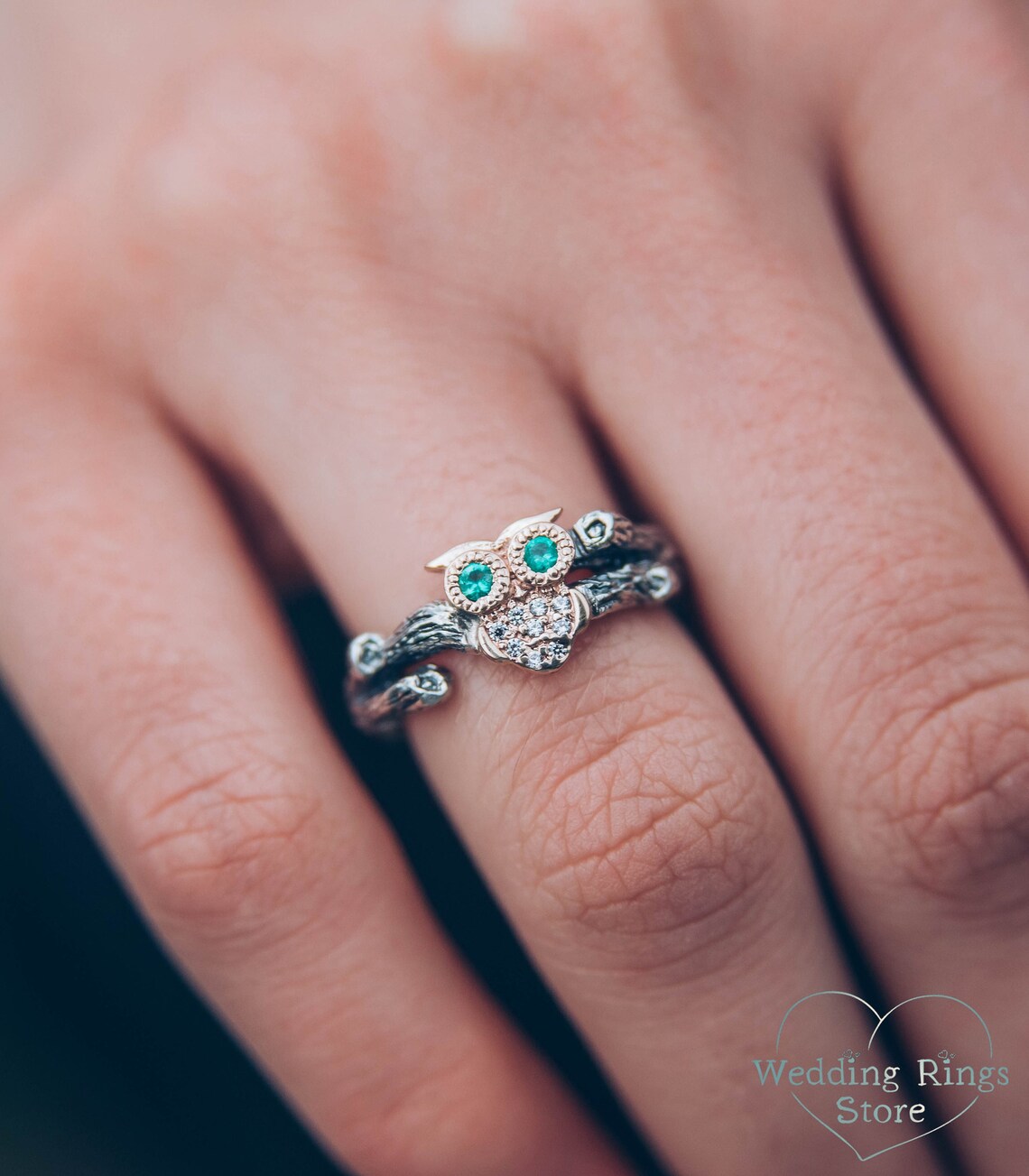 Gold Owl Ring with Emeralds and CZ on Silver Twig