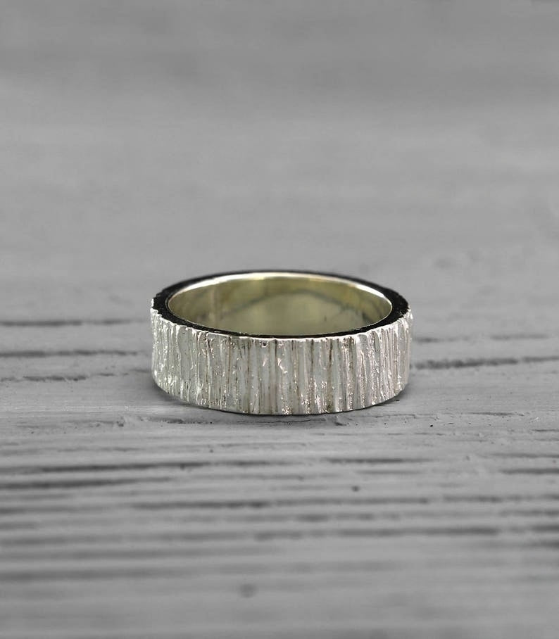 Strong Men's Chunky Silver Ring with Shiny Tree bark